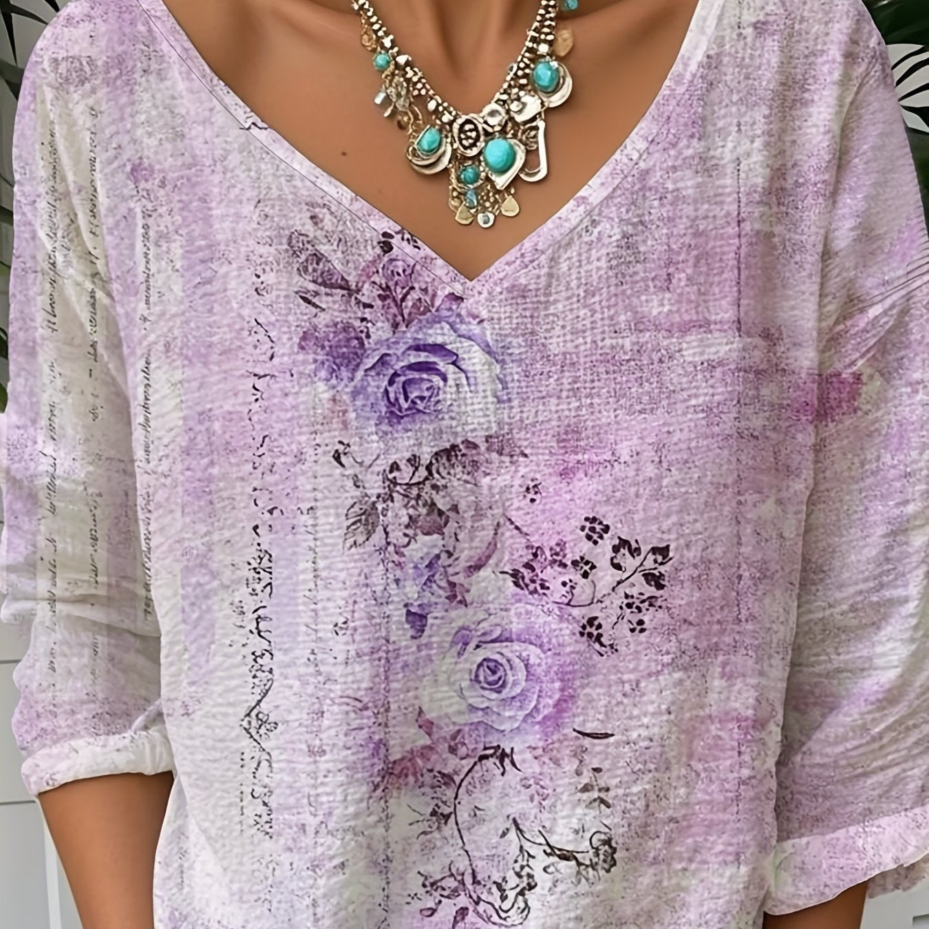 Women's Vintage Casual 3D Floral Print V-Neck Long Sleeve Blouse - Lightweight Summer Shirt with Pink Roses & Green Foliage Design, Machine Washable, Relaxed Fit Top, Soft Texture Apparel, Everyday Top, Breathable Fabric, Adu