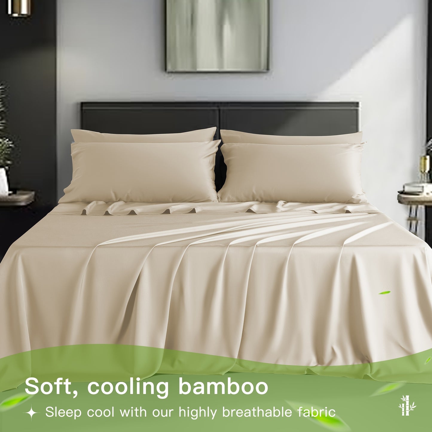 LBRO2M 4/6pcs Bamboo Bed Sheets Set, Luxury Silky Breathable Sheet Set, Ultra Soft Sheet for Hot Sleepers, 16" Deep Pocket, California King/King/Queen/Full