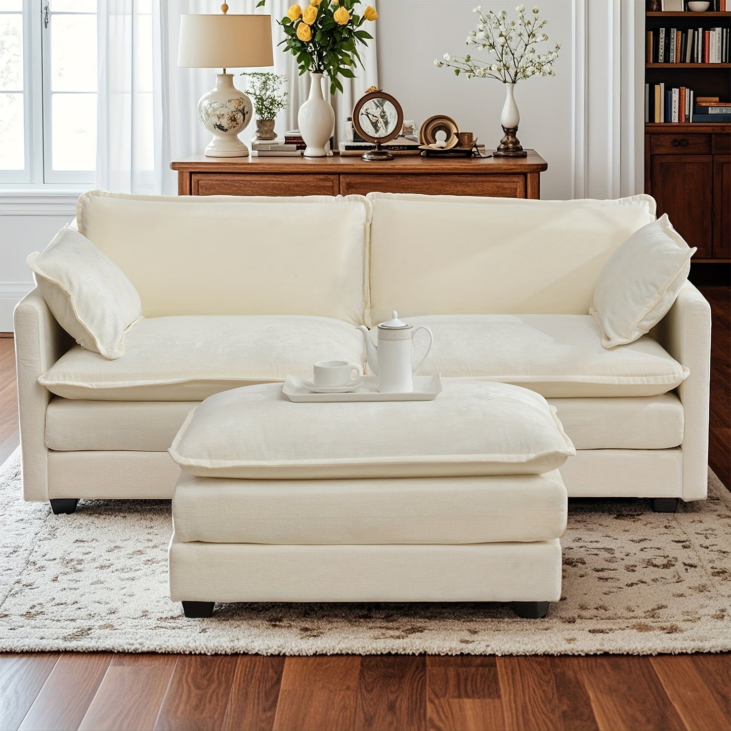 Royal Blue Chenille Sectional Sofa - 2-Seater Deep Seat Couch with Ottoman, Contemporary Hardwood Frame, Plush Upholstery for Living Room or Home Office, Couch for Living Room