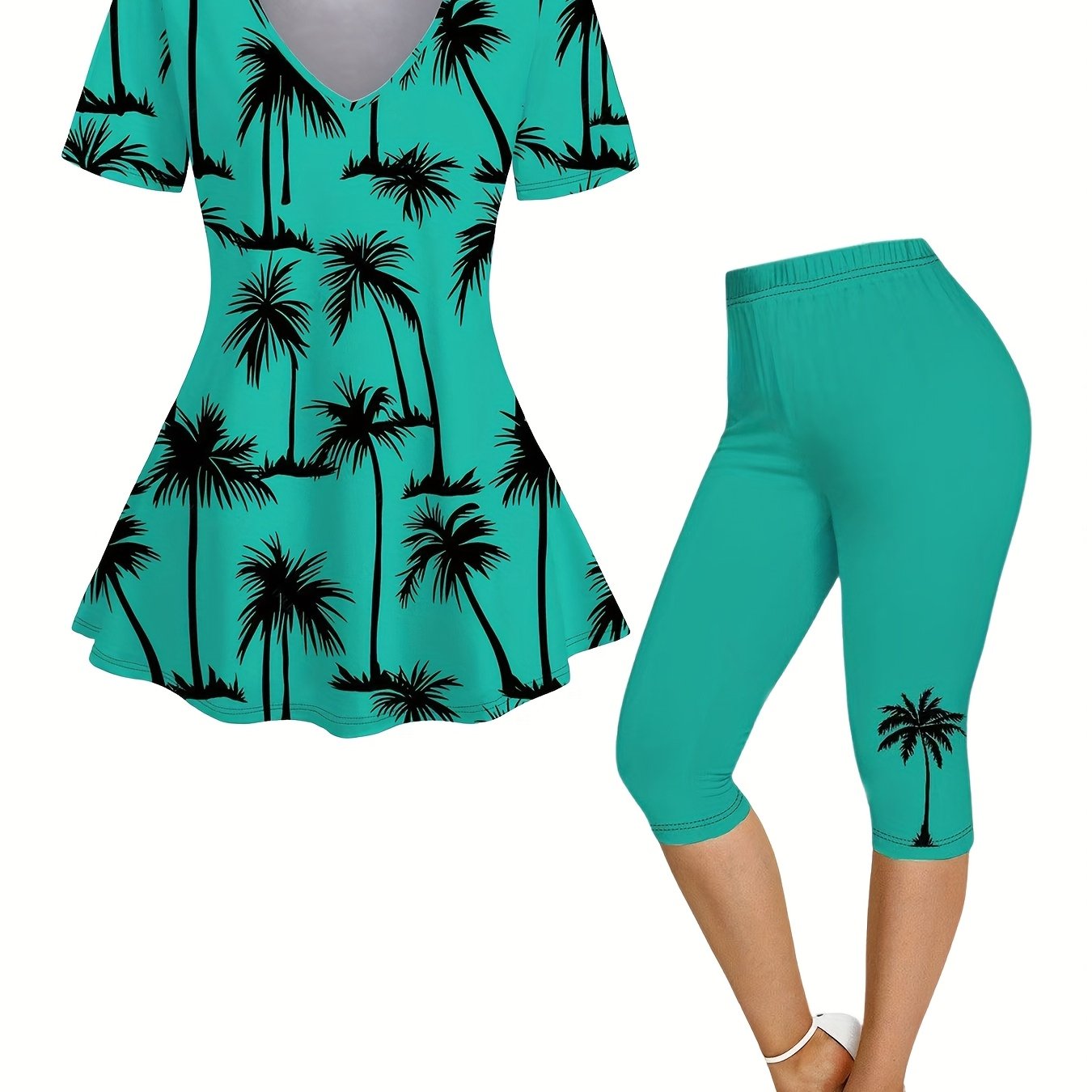 Women'S Tropical Palm Tree Print Short Sleeve V-Neck T-Shirt & Capri Leggings Set - Lightweight Stretchy Polyester, Casual Summer Outfit for Vacation or Casual Attire, Vacation Clothing | Playful Print | Glossy Fabric, Ladies