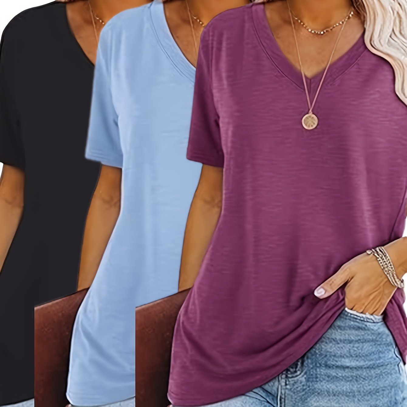 2025 European and American Fashion Casual Loose Print V-Neck T-Shirt Three-Piece Set