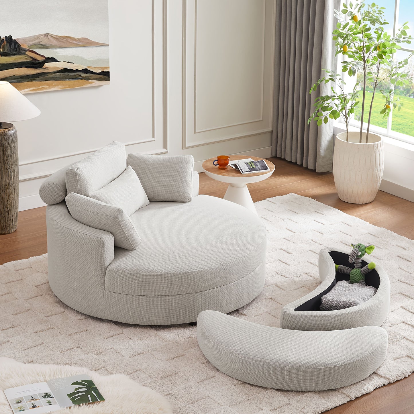 51.2" Ottoman-Shaped Cushion Chair with Storage, Linen Fabric, Includes Adjustable Headrest and Four Pillows, Large Size for Living Room/Bedroom/Office/Hotel Sofa