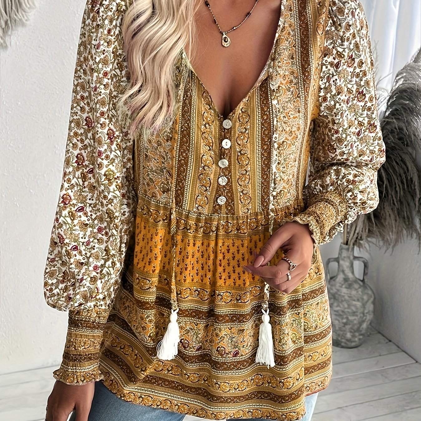 ZAFUL Casual Loose Fit Floral Blouse - Lightweight V-Neck Long Sleeve Shirt For Women, Button Boho Top With Puff Sleeves For Everyday Wear