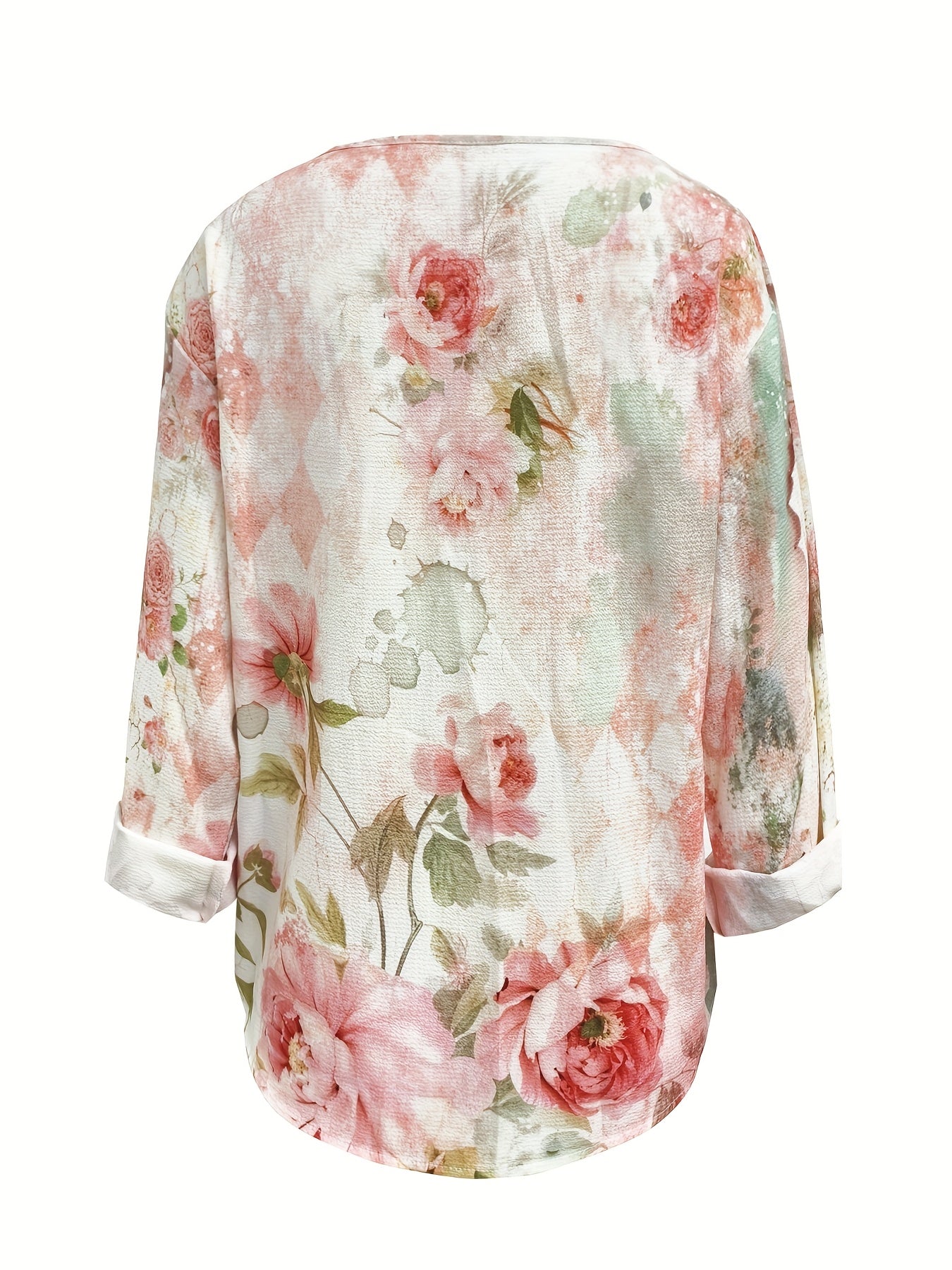 Women's Vintage Casual 3D Floral Print V-Neck Long Sleeve Blouse - Lightweight Summer Shirt with Pink Roses & Green Foliage Design, Machine Washable, Relaxed Fit Top, Soft Texture Apparel, Everyday Top, Breathable Fabric, Adu