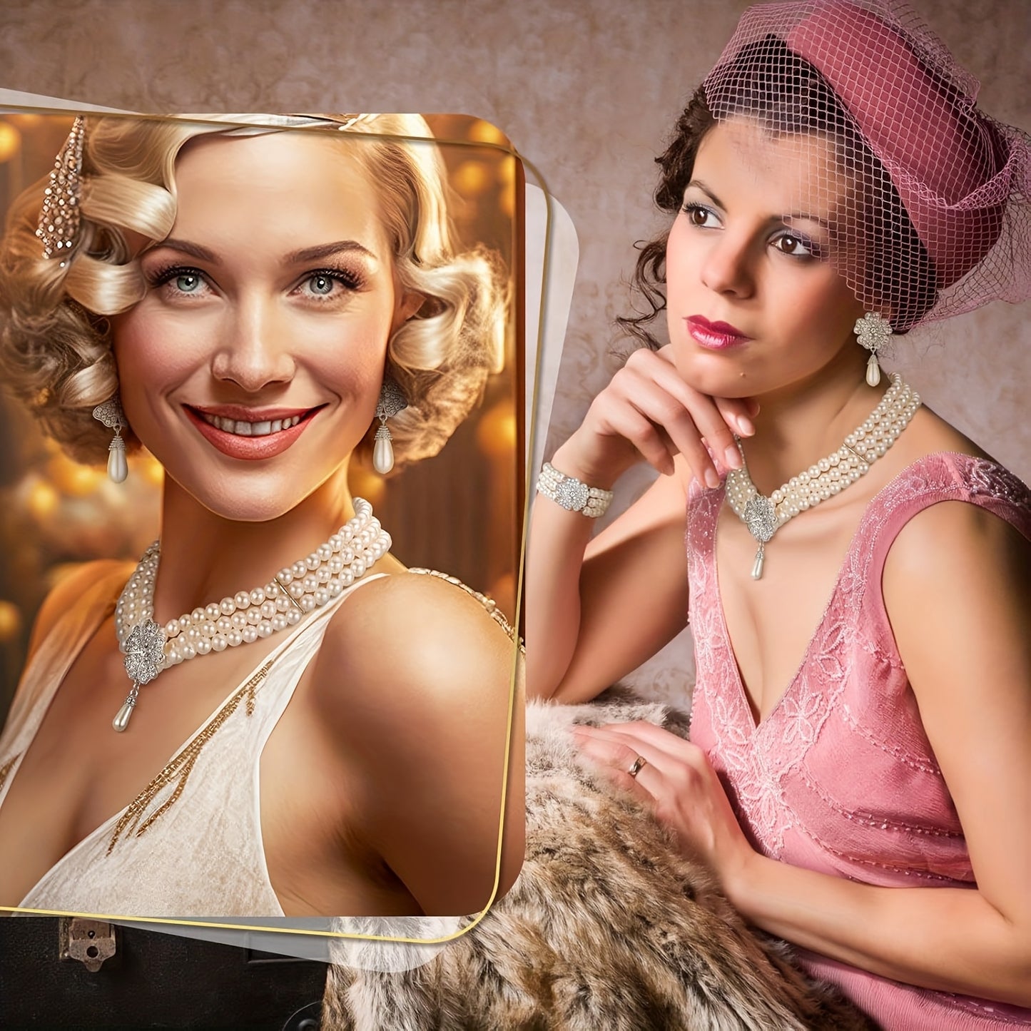3 1920s Freshwater Pearls Jewelry Set, Including Vintage Flip Earrings Multi-layer Freshwater Pearls Necklace Bracelet, Gift Box, for Teenager