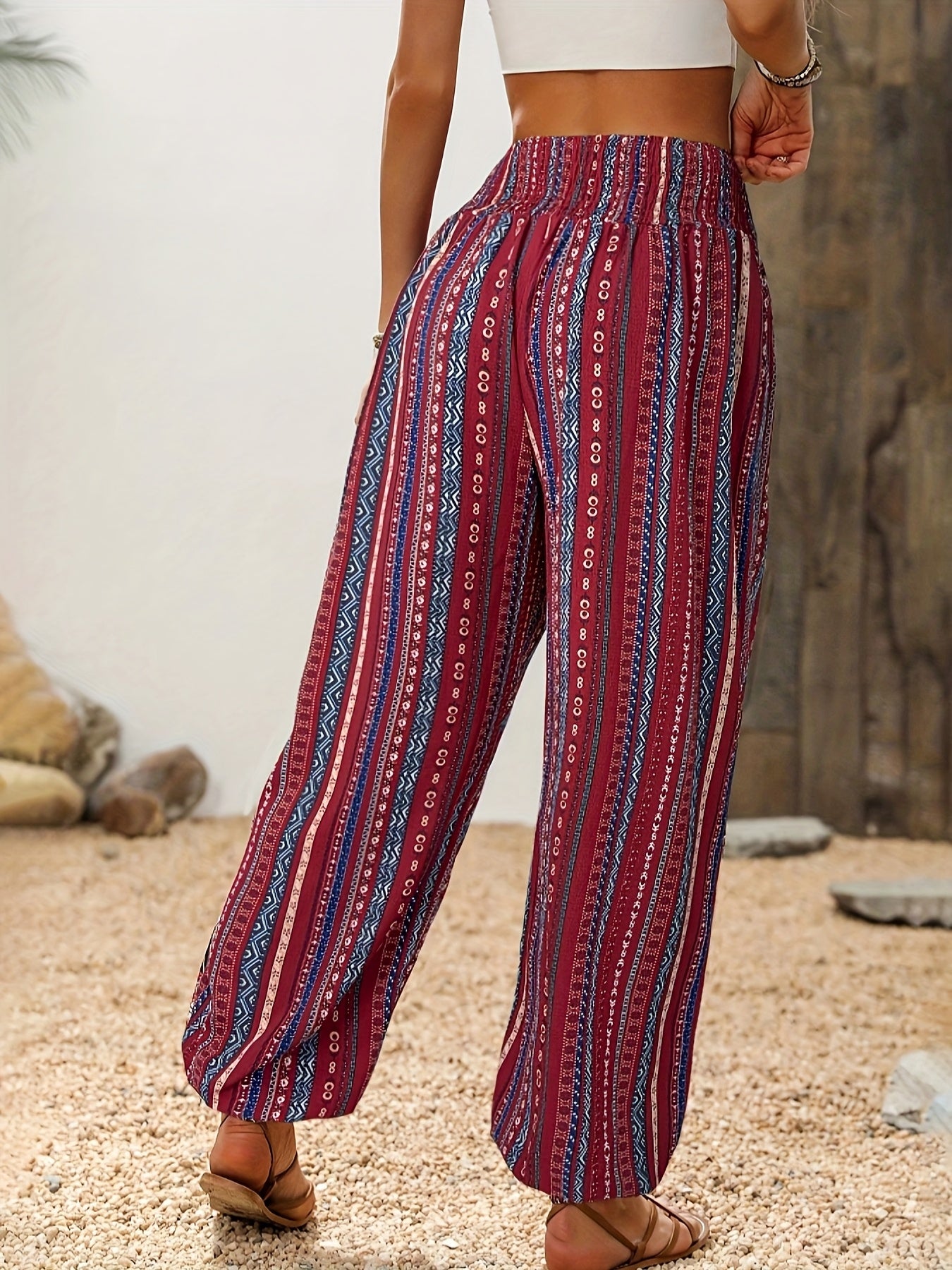 Women's Bohemian Ethnic Print High-Waisted Wide-Leg Pants - Elastic Waist Tassel Hem Lightweight Loose-Fit Trousers for Spring Summer Fall, Casual Outdoor Festivals & Beach Outings, Vacation Clothing, Loose Fit, Flowy Silhoue