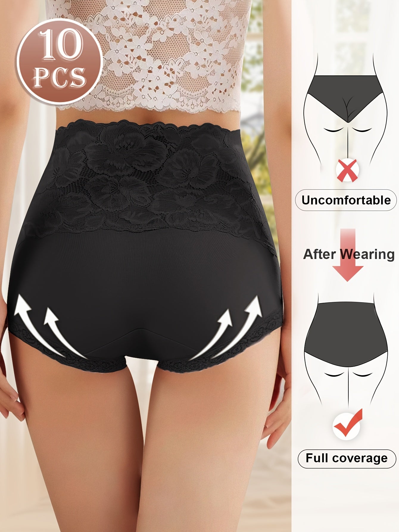 10Pack MIOTAN Elegant Lace Panties - High-Waisted Tummy Control, Cotton BlendKnit Fabric, Full Coverage Comfort Fit, Soft And Breathable, Everyday Wear SolidColors, Classic Brief Style