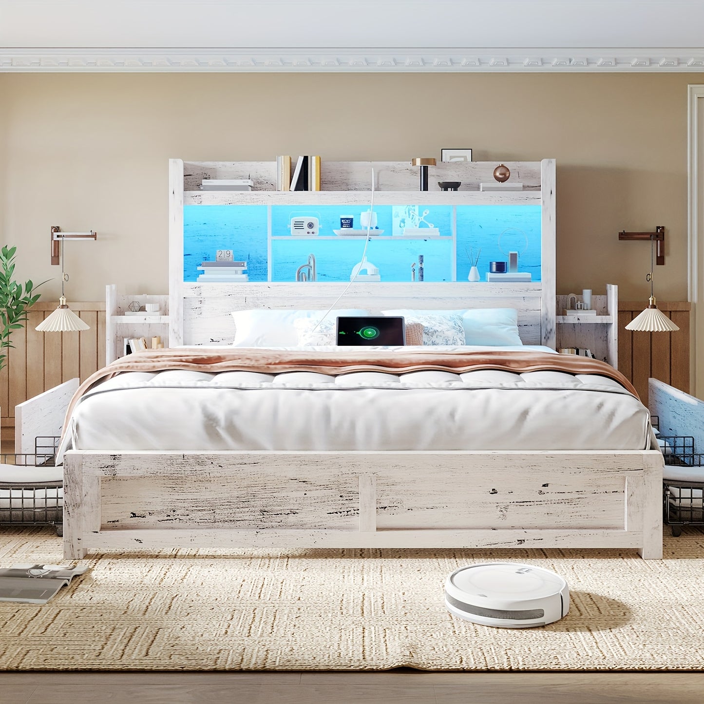 Farmhouse Wooden Bed Frame With 4 Storage Drawers, LED Bed Frame With 49" Tall Bookcase Headboard, Wood Platform Bed With Charging Station & 2 Slide Bedside Shelf