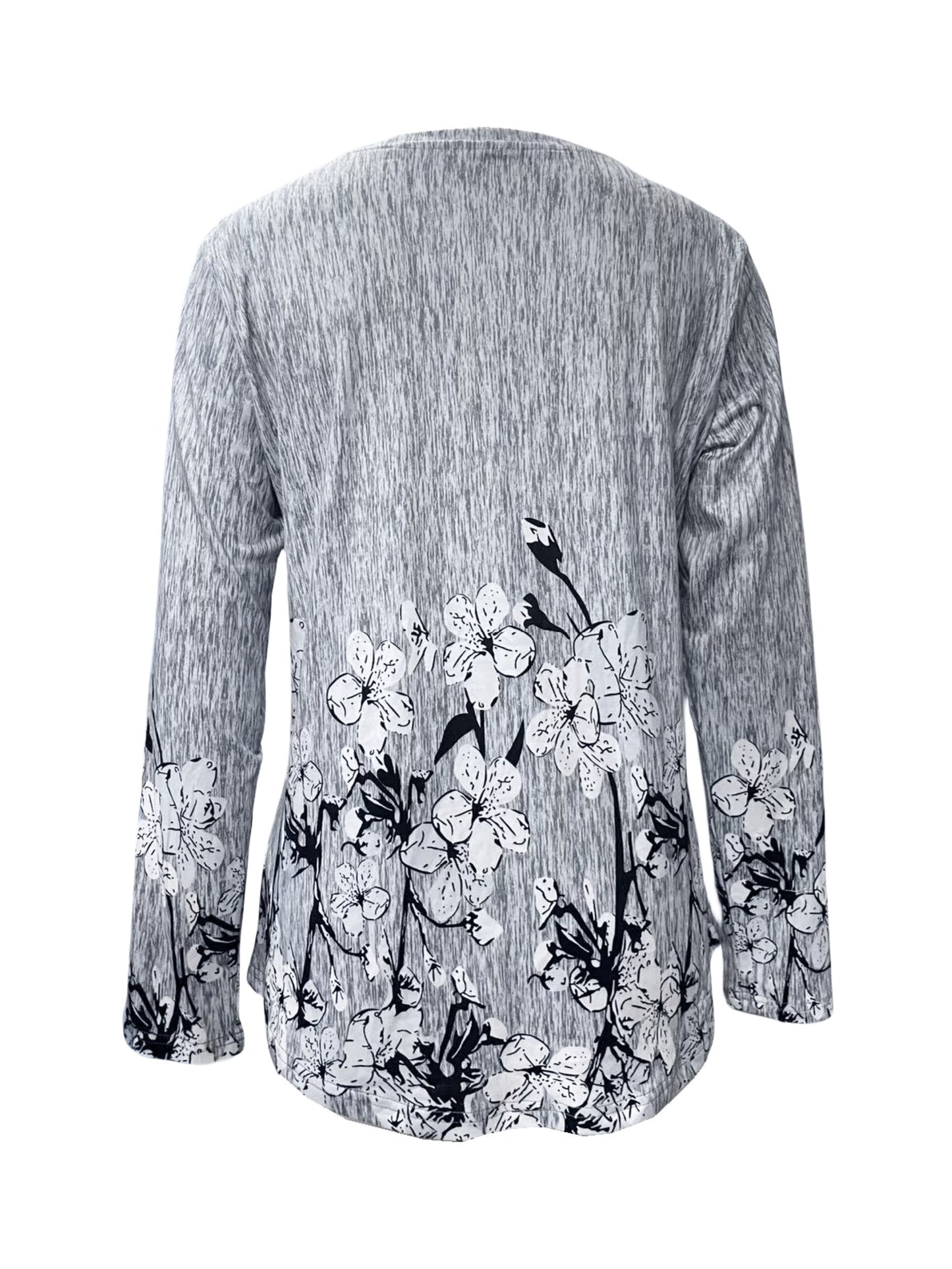 Spring And Autumn Casual Printed Button Round Neck Long Sleeve T-Shirt