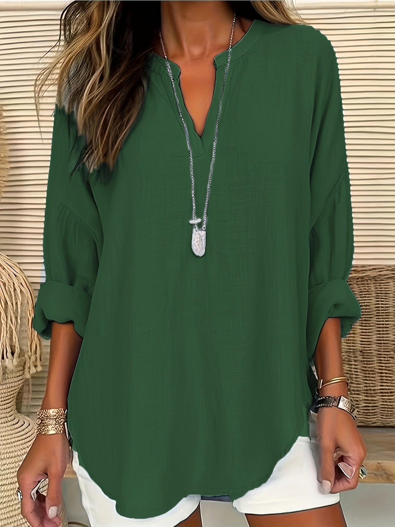 Spring And Summer V-neck Long Sleeved T-shirt Casual Loose Long Top