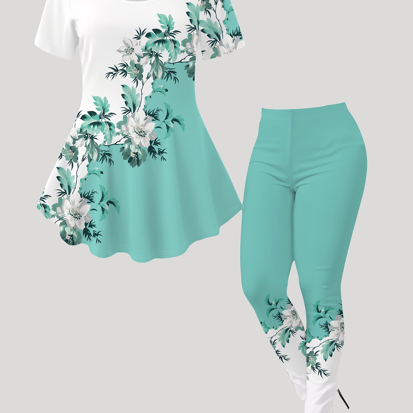 Women'S Fashionable Elegant Floral Print Round Neck Short Sleeve T-Shirt + Long Pants Two-Piece Set, All-Season Wear, Casual Attire|Floral Print Top|Polyester Fabric