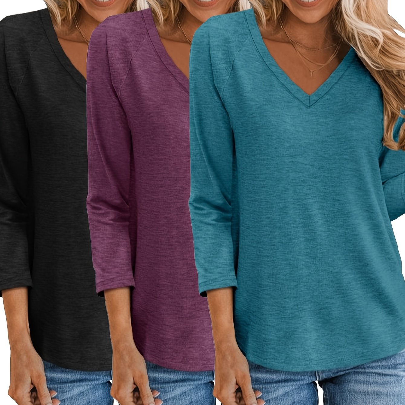 Three-piece Women'S 3/4 Long-sleeved Top, Fashionable Ladies' Casual Loose Shirt, V-neck T-shirt
