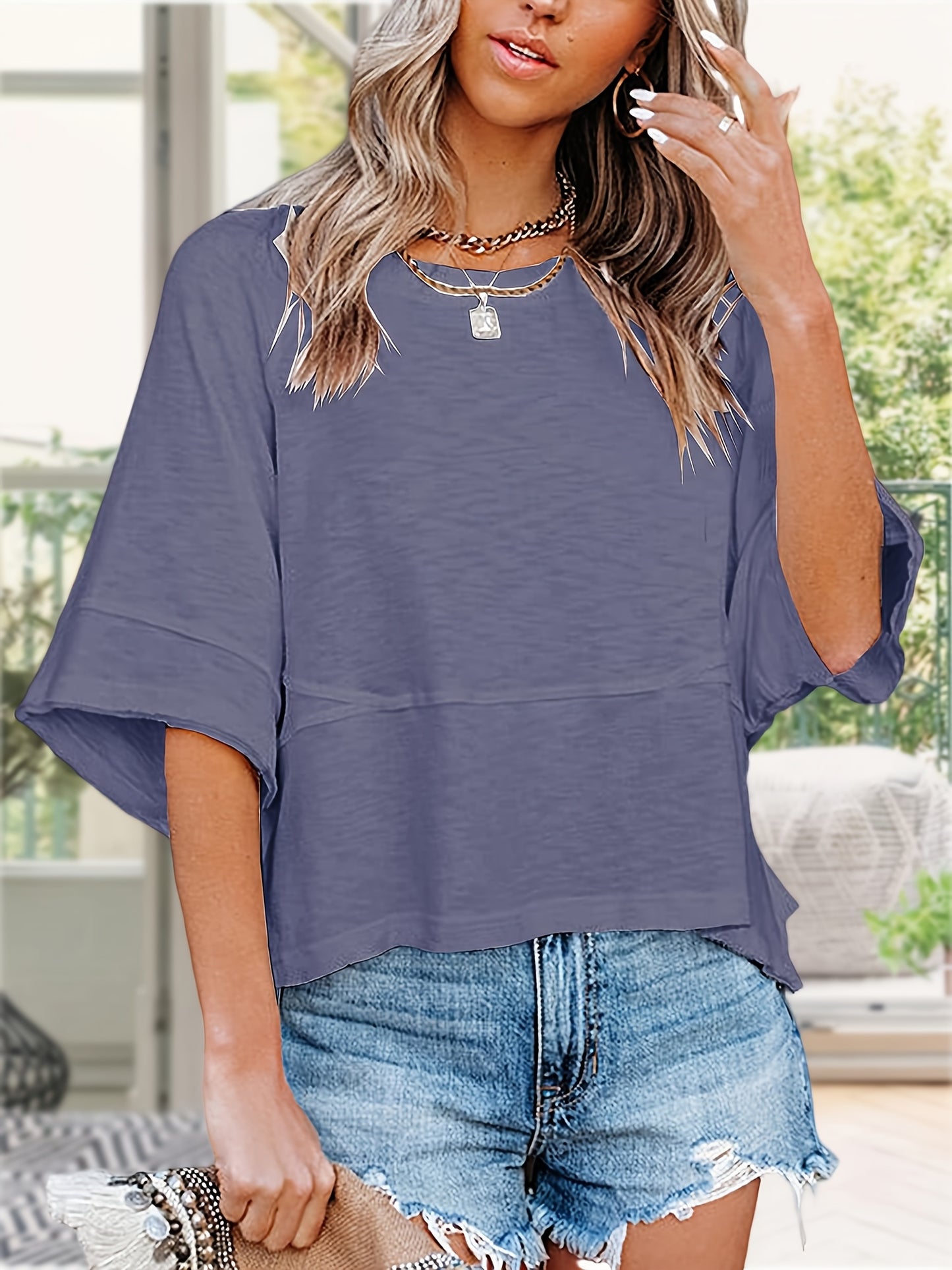 Women'S Summer Casual Crewneck Batwing Half Sleeve T-Shirts Solid Color Loose Fit Cute Basic Flowy Tops Tees Blouses