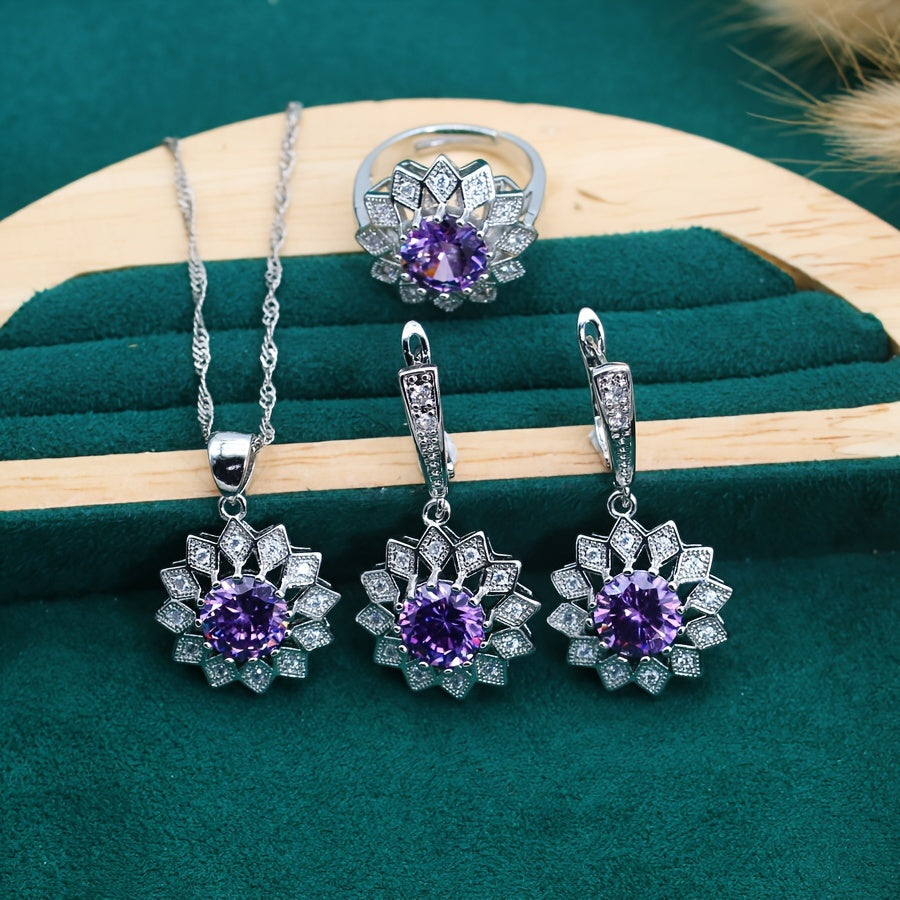 5pcs Vintage Style Christmas Jewelry Set - Purple Cubic Zirconia, Golden Plated Copper, Flower Design, Includes Earrings, Open Ring, Necklace, Pendant, Bracelet, Gift Box - Party & Gift Occasion Jewelry for Women