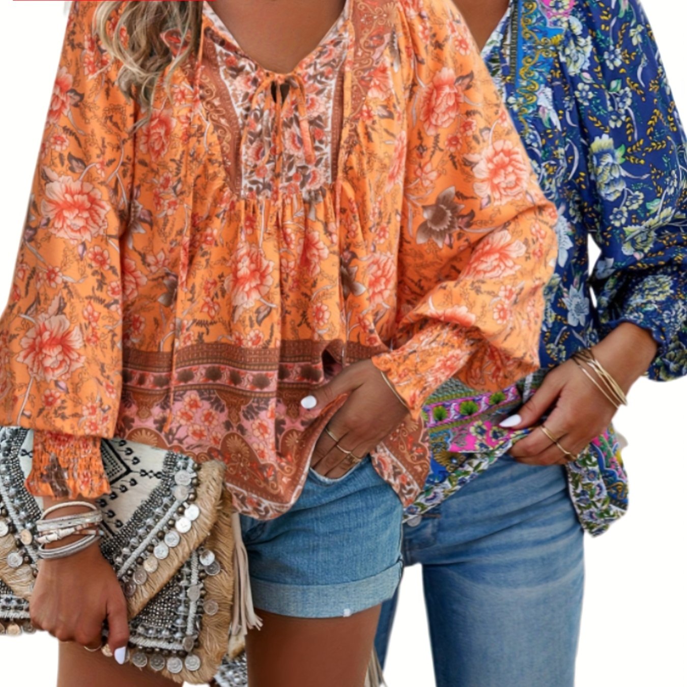 Plus Size - ZAFUL Summer Loose Plus Size Women'S Apparel, Stylish Resort Bohemian Floral Print Top Set, Lightweight Fashion V-Neck Printed Lantern Sleeve Tassel Plus Size Shirt*2