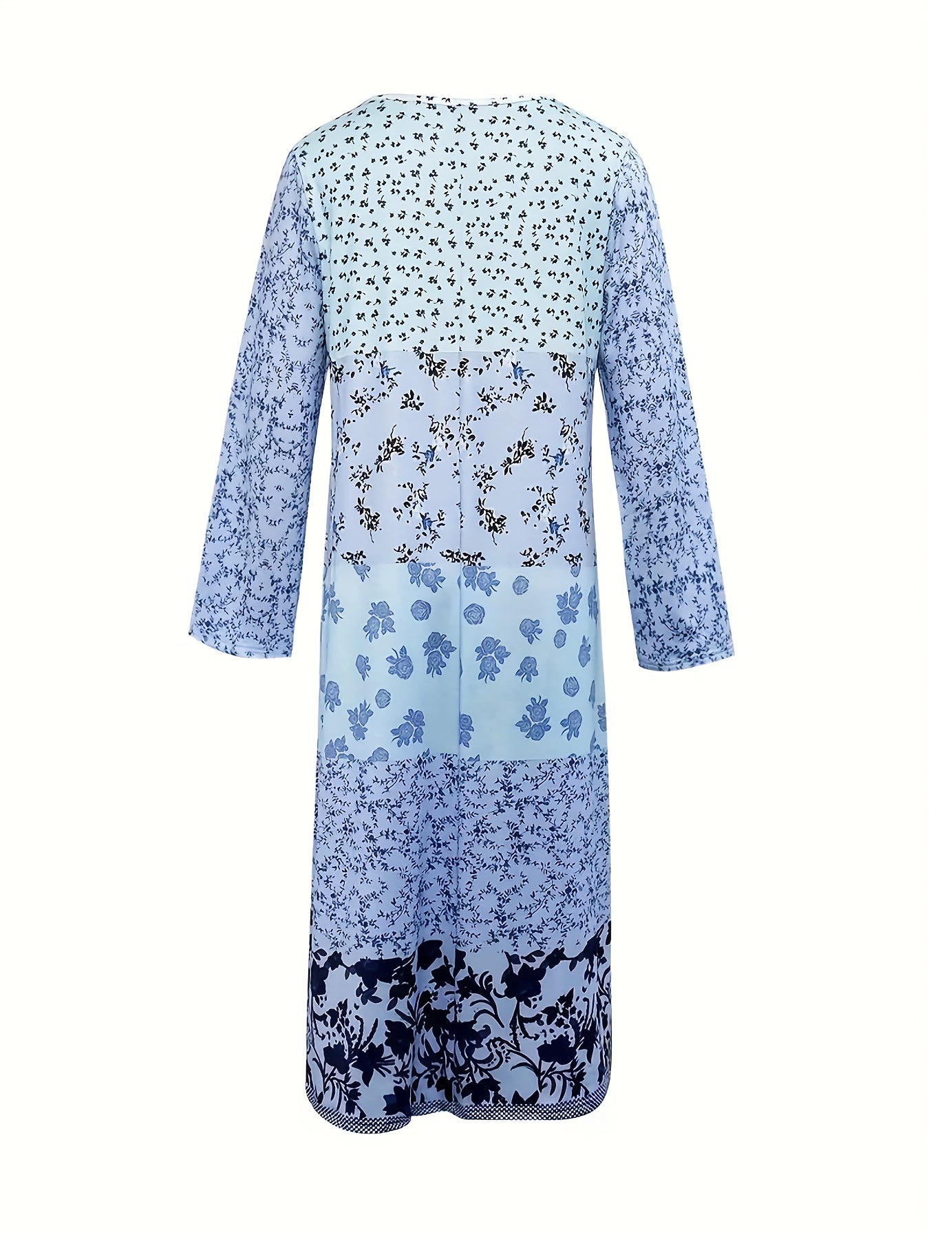 1pc Women'S Floral Print Polyester Blend Maxi Dress - Blue & White Small Flower Pattern, Round Neck, Straight Cut, Machine Washable, Perfect For Autumn/Winter Vacations And Casual Outings, Floral Dressm, Attire For The Women'