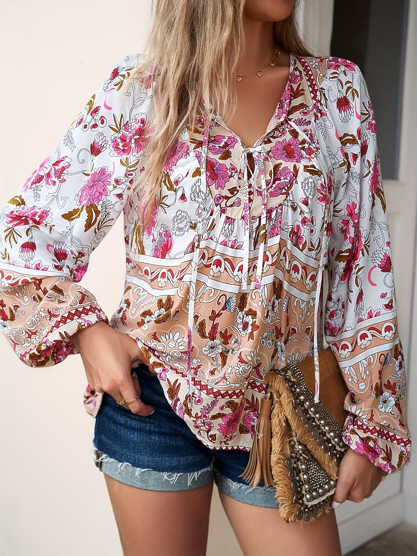 Boho Chic Floral V-Neck Blouse with Tie Detail - Long Sleeve, Casual Resort Wear for Women, Temperament, Fringed Shirt, Leisure Style, ALL/Global/All