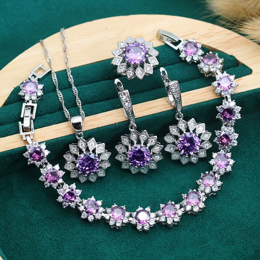 5pcs Vintage Style Christmas Jewelry Set - Purple Cubic Zirconia, Golden Plated Copper, Flower Design, Includes Earrings, Open Ring, Necklace, Pendant, Bracelet, Gift Box - Party & Gift Occasion Jewelry for Women