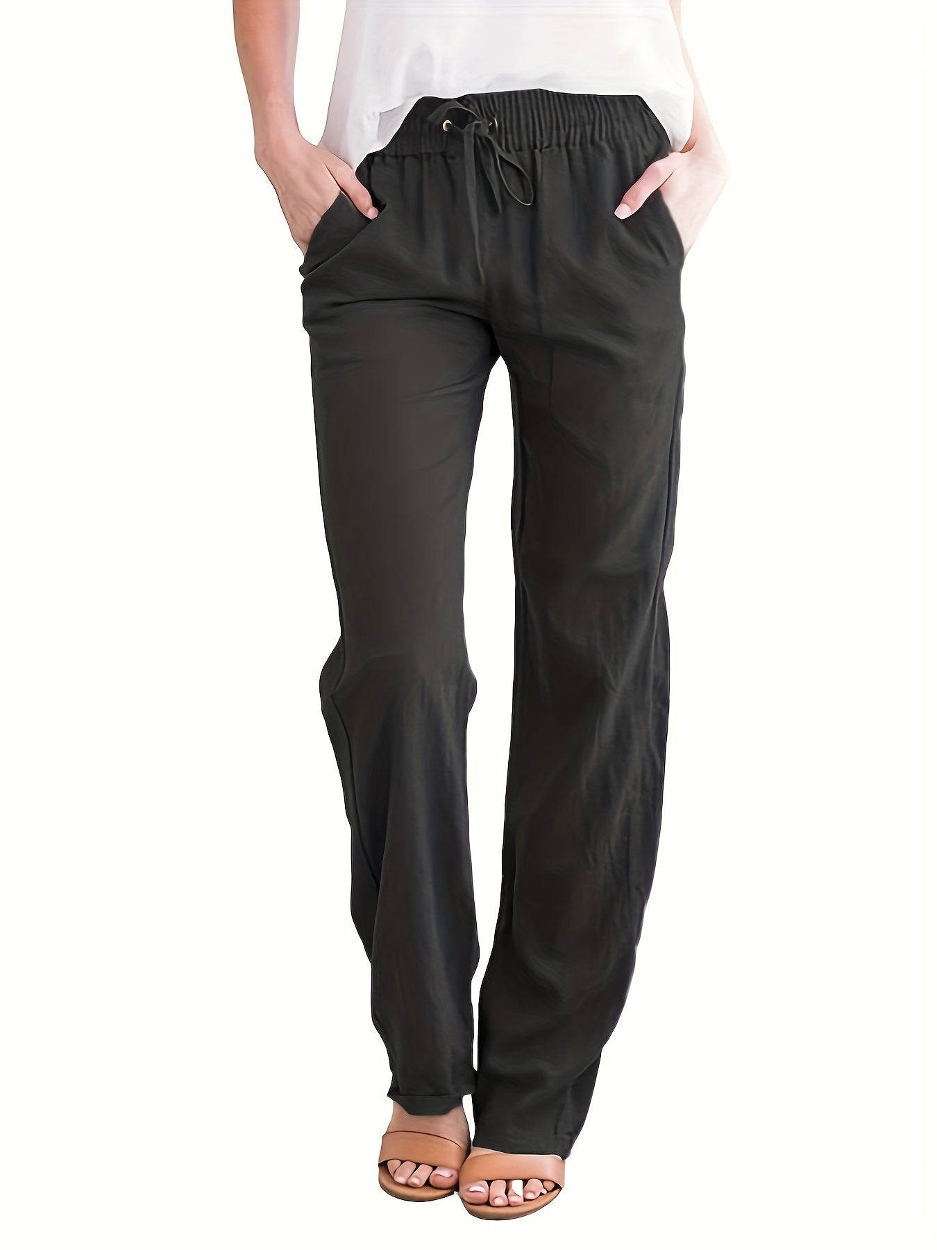 Women's Casual Solid Color Trousers with Pockets & Adjustable Drawstring Waist - Loose Fit Lightweight Pants for Spring Summer Fall, Machine Washable for Daily Commuting & Casual Outings, Flexible Clothing, Stylish Simplicity