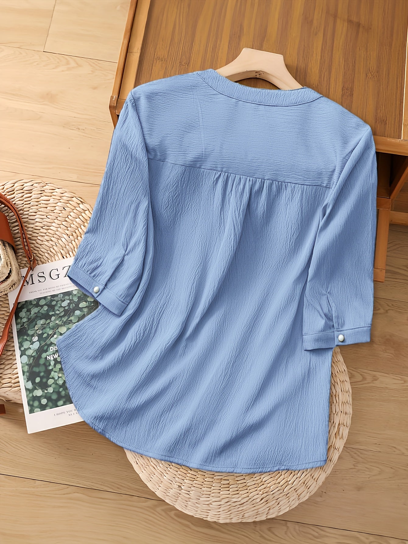 Women'S Elegant Floral blouse - Light Blue V-Neck Blouse with Floral pattern, Three-fourth Sleeve Non-See-Through Shirt for Office, Wedding, Party - Spring/Fall/Summer Everyday & Formal Tops, Floral Print Blouse, Seasonal Fas