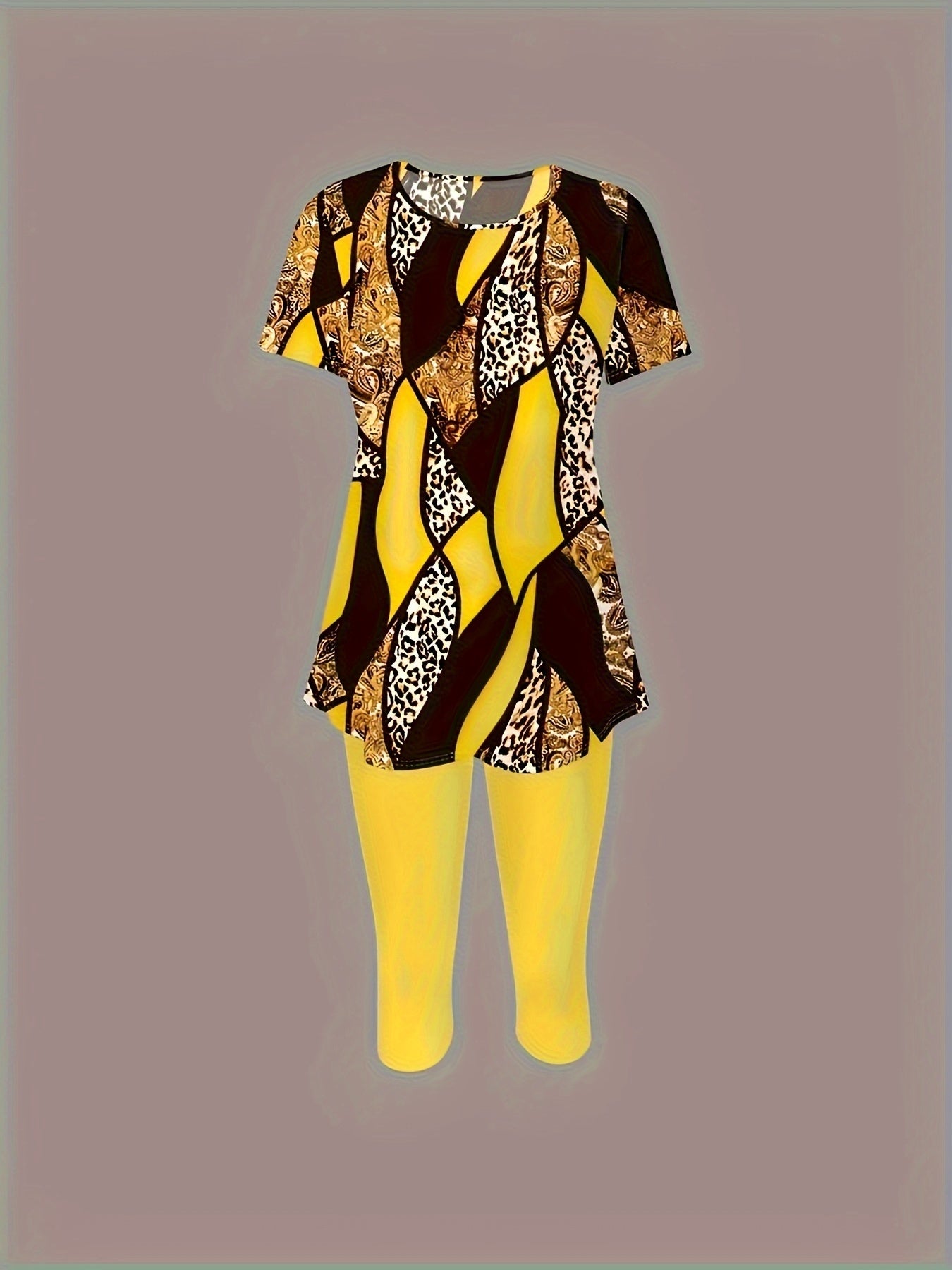 Floral Printed Short-sleeved T-shirt And Women's Seven-eighths Trousers Casual Two-piece Set.