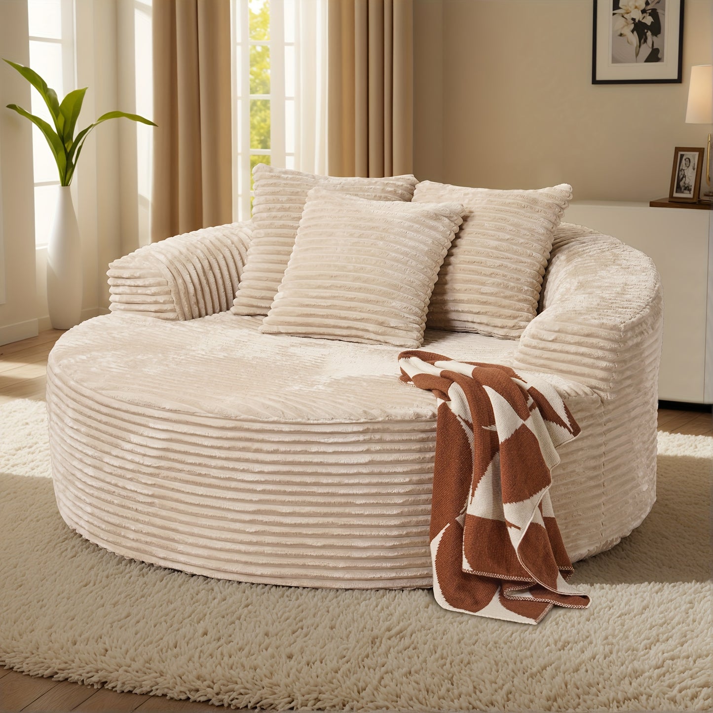 58.26" O-Shape Luxurious Modular Boneless Couch, Oversized Round Plush Corduroy Fabric Sofa, No Assembly Required Furniture Living Room Lounge Chair