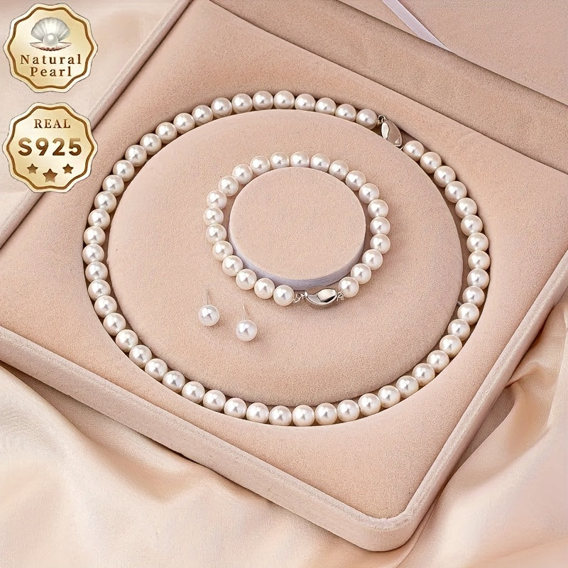 925 Sterling Silvery Freshwater Cultured Pearl Necklace Set with Stunning Bracelet and Stud Jewelry Set - Gift Giving, Banquet, Party, Fall/Winter Sweater Accessories