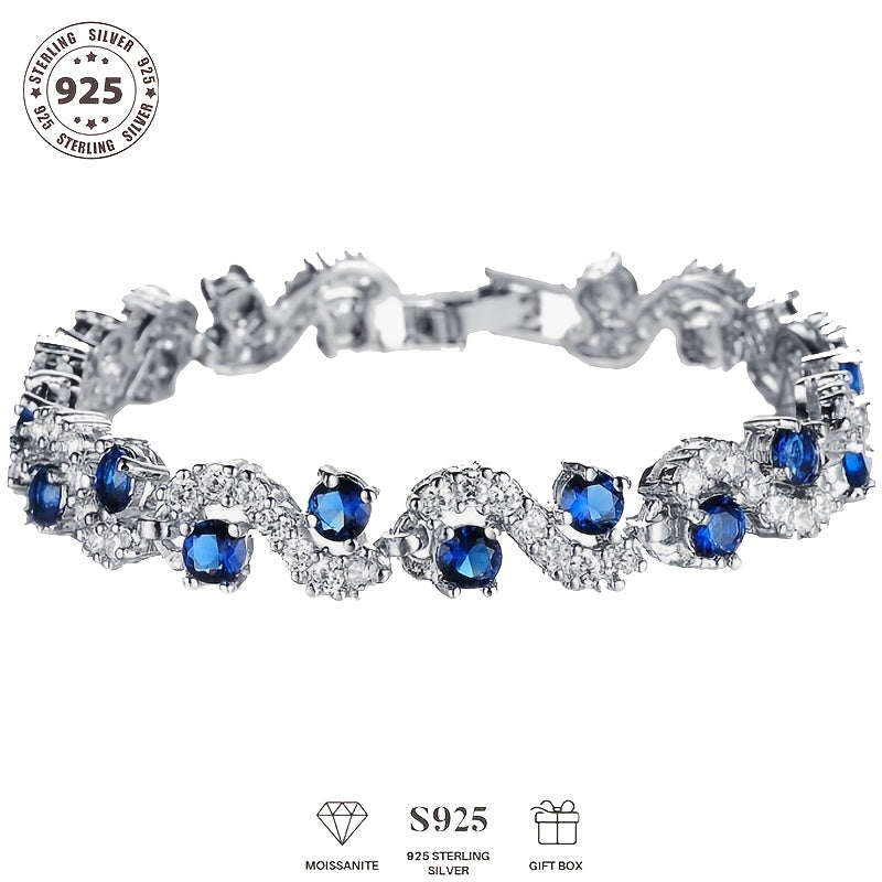 925 Silver Tennis Bracelet For Women Girls, Blue Round Moissanite Ladies Style Chic Exquisite Bracelet, Jewelry For Women, Bracelets For Women, Easter, Mother'S Day, Weddings, Banquets, Anniversaries