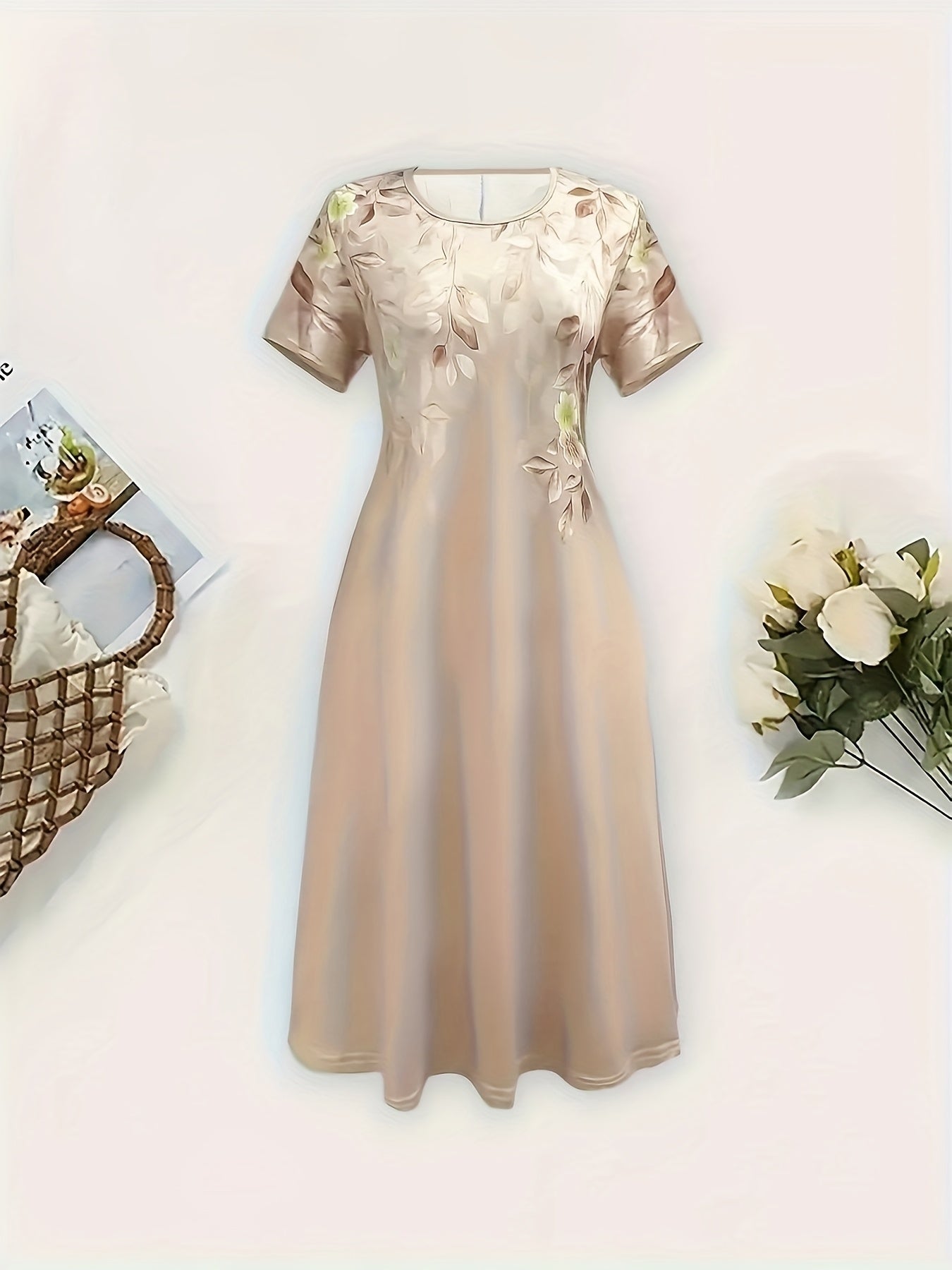 Women's Elegant Floral Print A-Line Midi Dress - Short Sleeve, Round Neck, Lightweight Polyester, Perfect for Spring/Summer Vacations, Beachwear Ready, Beach Dress, Attractive Skirts for Women, Summer Clothing Promotion for L