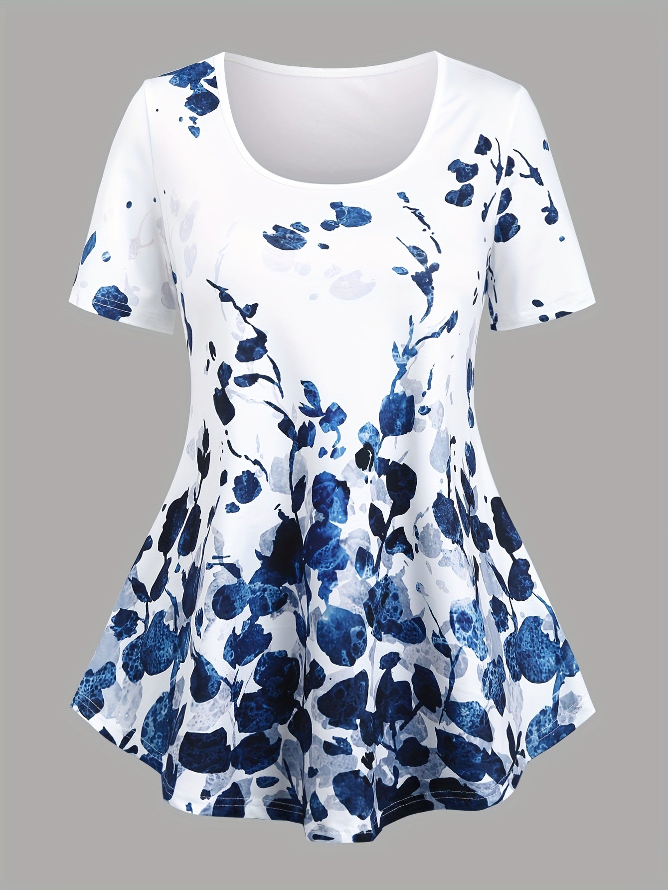 Casual Plant Print Two-piece Set, Short Sleeve Flare T-shirt & Allover Print Skinny Leggings Outfits, Women's Clothing