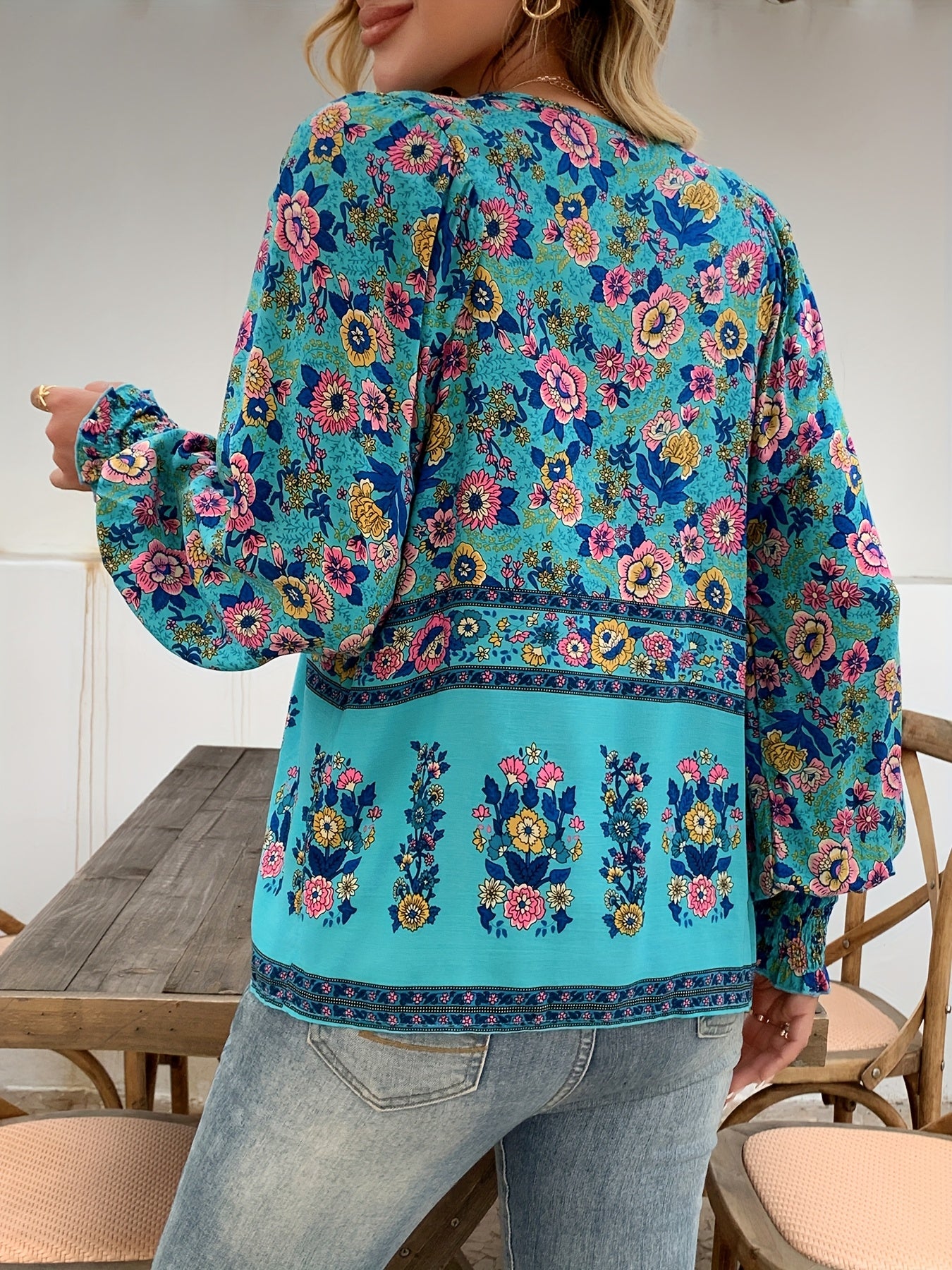 ZAFUL Women's Bohemian Floral Print Shirt - Loose V-Neck Lace-Up Long Sleeve Top with Adjustable Drawstring Cuffs, Lightweight Machine-Washable Fabric for Spring Summer Fall, Casual Vacation & Casual Attire, Cute Long Sleeve
