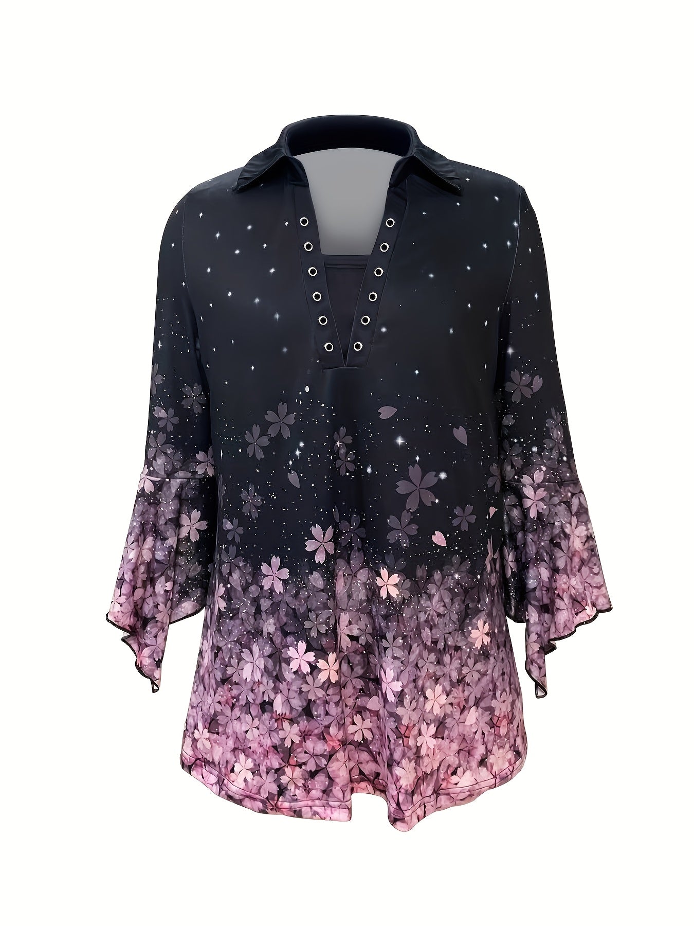 Spring And Autumn New Women Printed Lapel Three-quarter Sleeve T-shirt Irregular Sleeve Button-up Top
