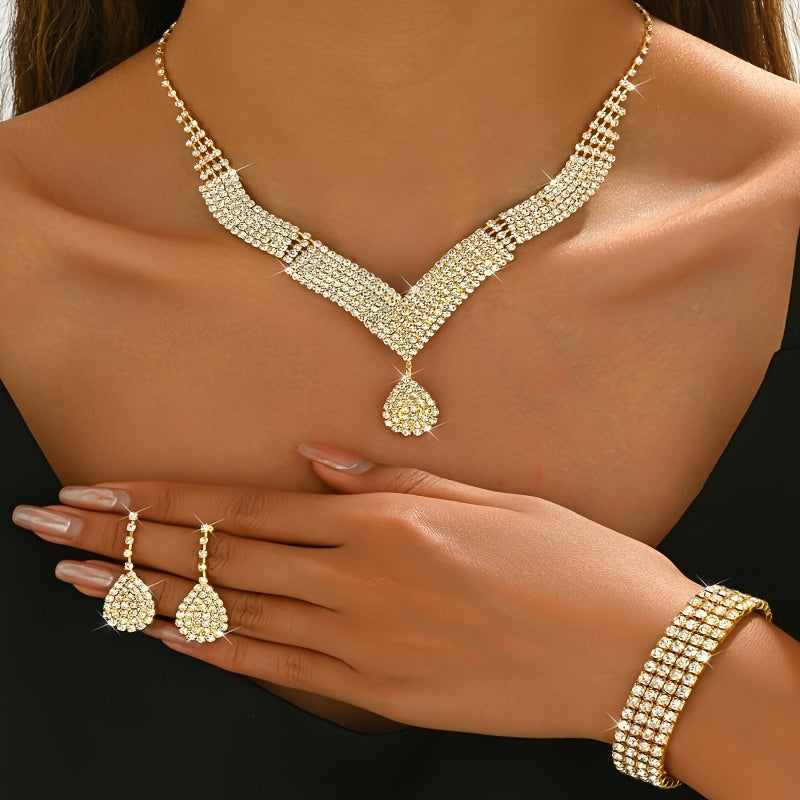 4pcs Set: Shiny Striped Ladies' Dinner Bag, Wedding Bridesmaid Bag, Evening Bag, Dress Bag, Shoulder Bag, Wedding Season Sparkling Necklace, Earrings, Bracelet Set - New Fashionable