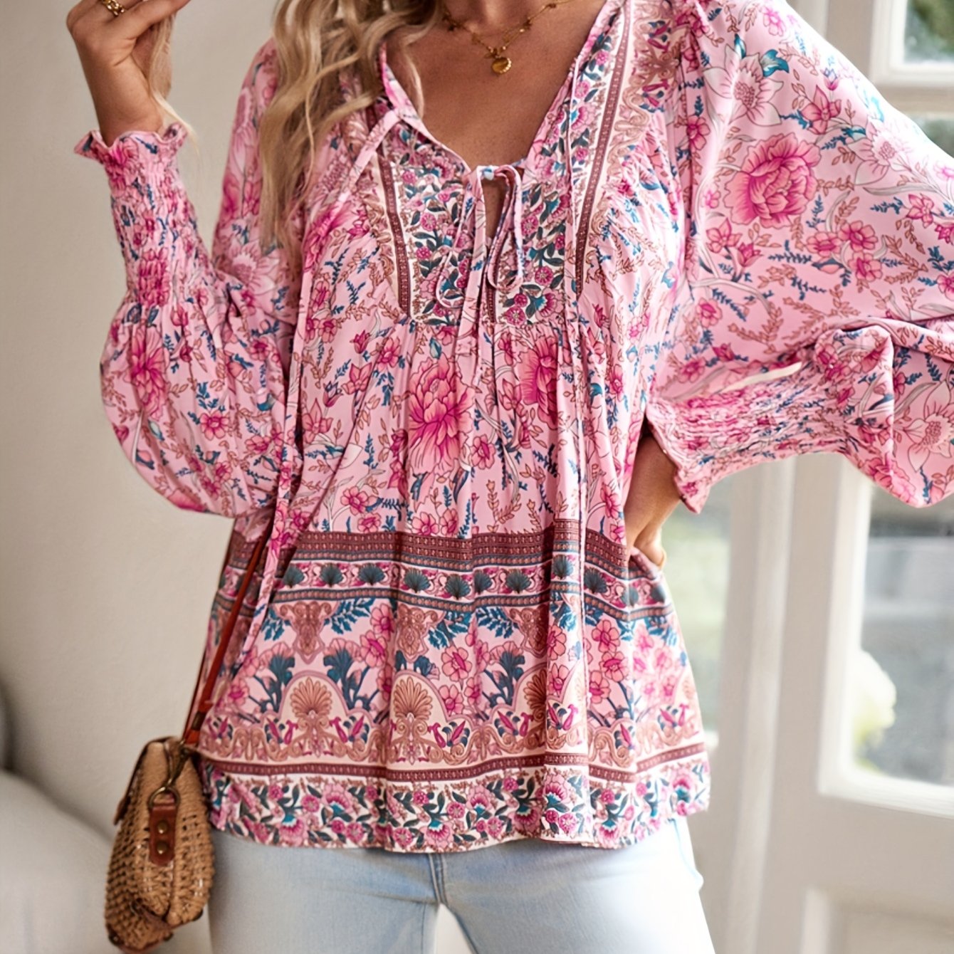 Bohemian Resort Style Printed V-neck Tied Long Sleeve Top Shirt Fashion Commuting.