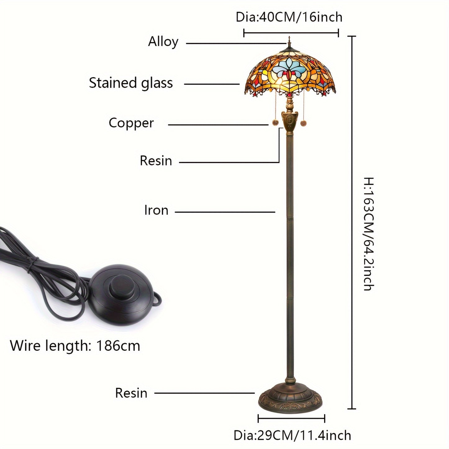 1pc 16X64.2in Stained Glass Lamp Warm Baroque Style Floor Lamp Standing Reading Lamp Bedroom Living Room Home Office Hotel Room Bedroom Bedside Lamp Shop Decorative Lighting Shooting Props