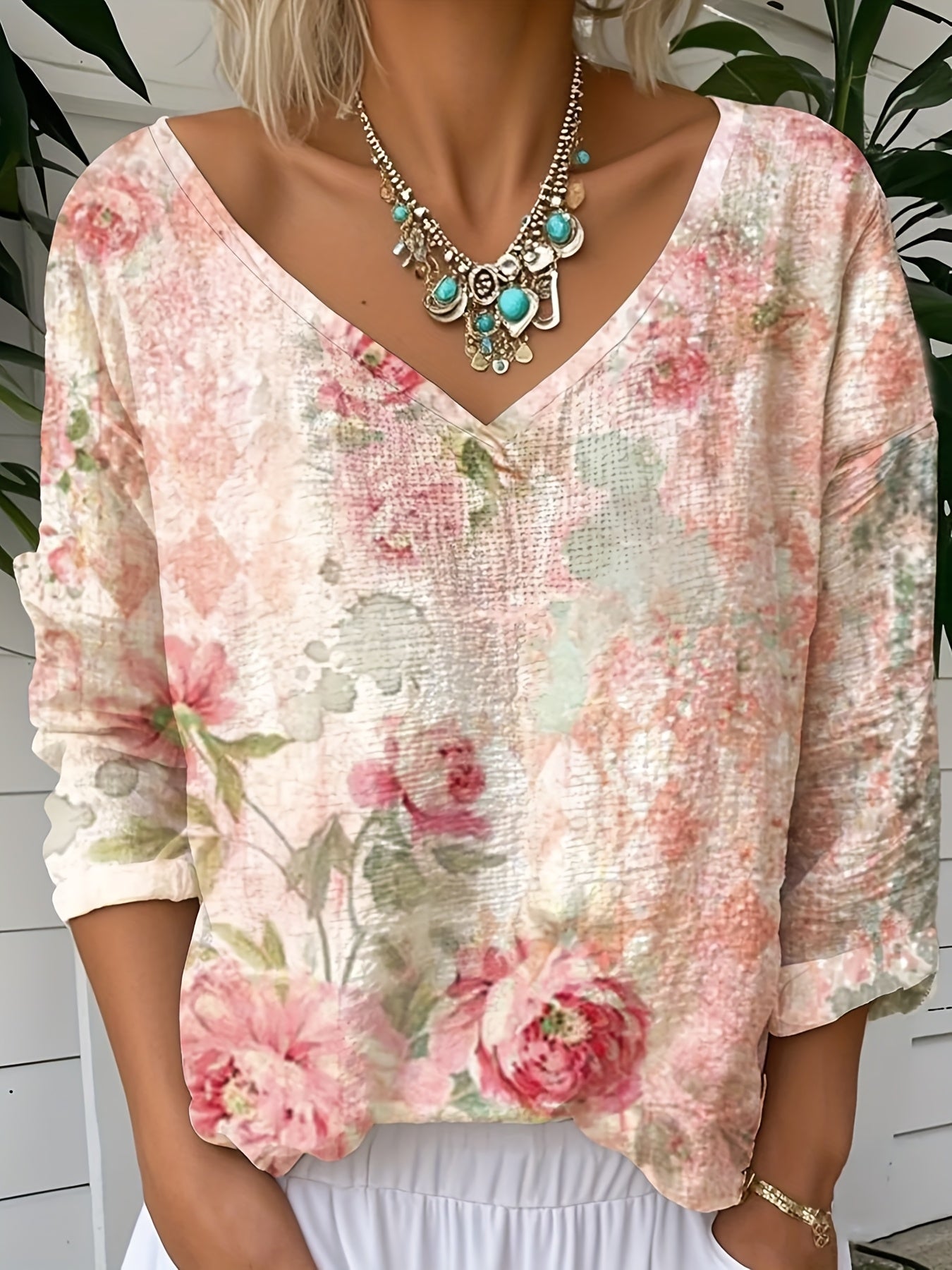 Women's Vintage Casual 3D Floral Print V-Neck Long Sleeve Blouse - Lightweight Summer Shirt with Pink Roses & Green Foliage Design, Machine Washable, Relaxed Fit Top, Soft Texture Apparel, Everyday Top, Breathable Fabric, Adu