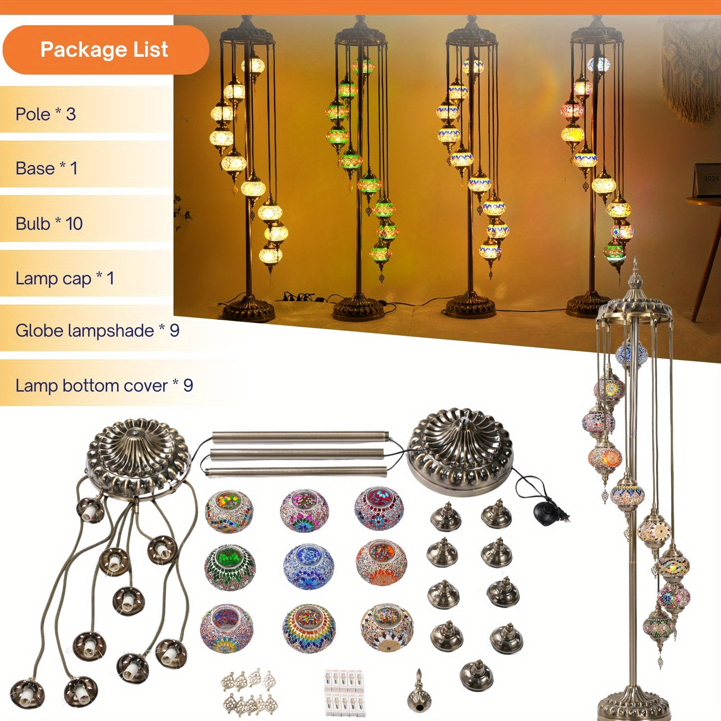 Turkish Mosaic Floor Lamp - 74" Tall Floor Lamp, Handcrafted 9-Globe Moroccan Design, 5.2" Glass Globe, Tool-Free Assembly, Traditional Art, E12 Bulb Included