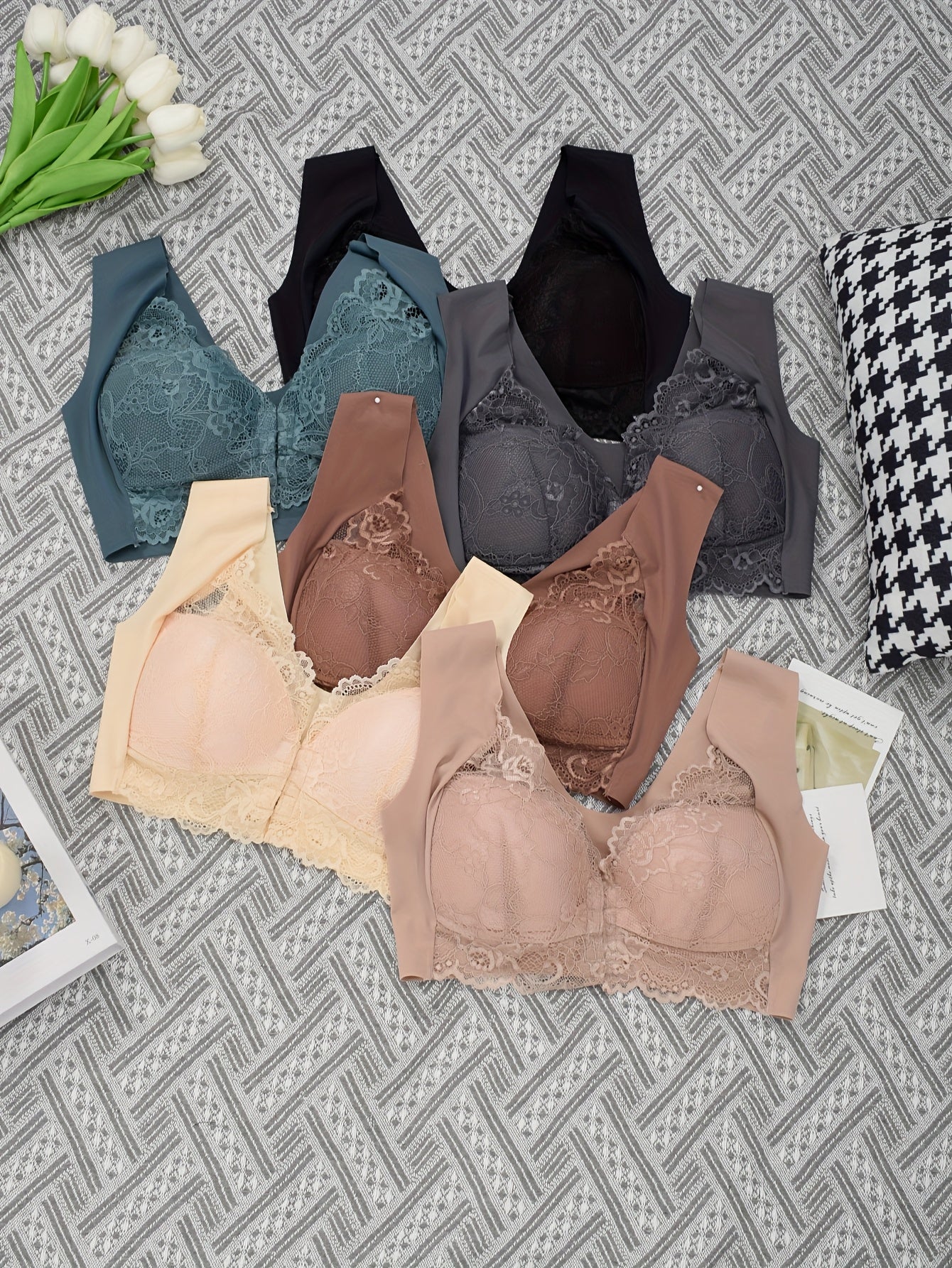6-pack Front Clasp Push-up Bra Lace Stitching Beautiful Back Seamless Design Yoga/office All-day Comfort