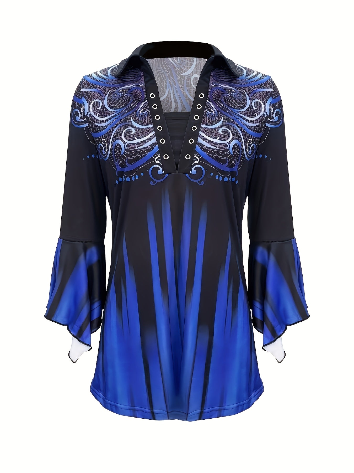 Spring And Autumn New Women Printed Lapel Three-quarter Sleeve T-shirt Irregular Sleeve Button-up Top