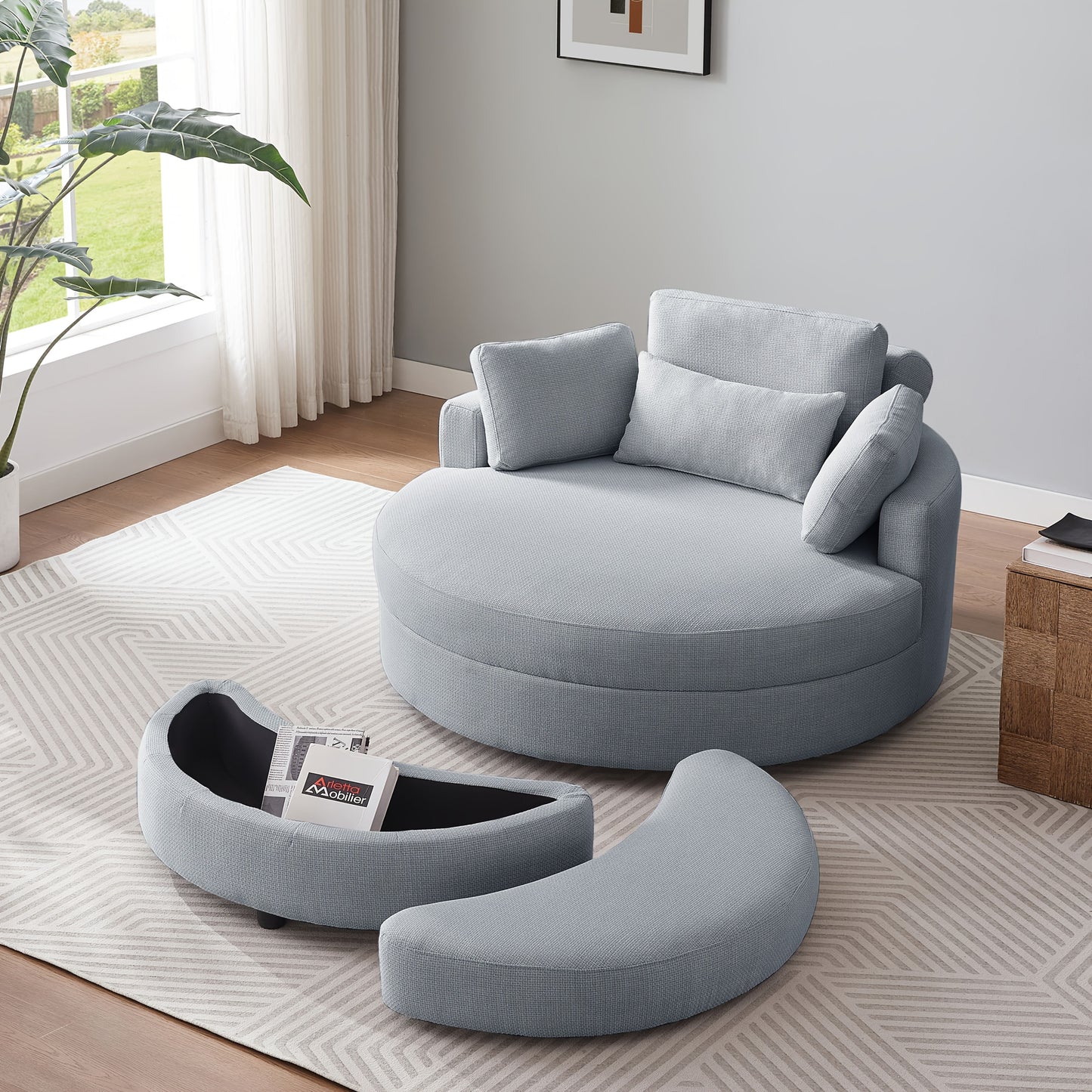 51.2" Ottoman-Shaped Cushion Chair with Storage, Linen Fabric, Includes Adjustable Headrest and Four Pillows, Large Size for Living Room/Bedroom/Office/Hotel Sofa