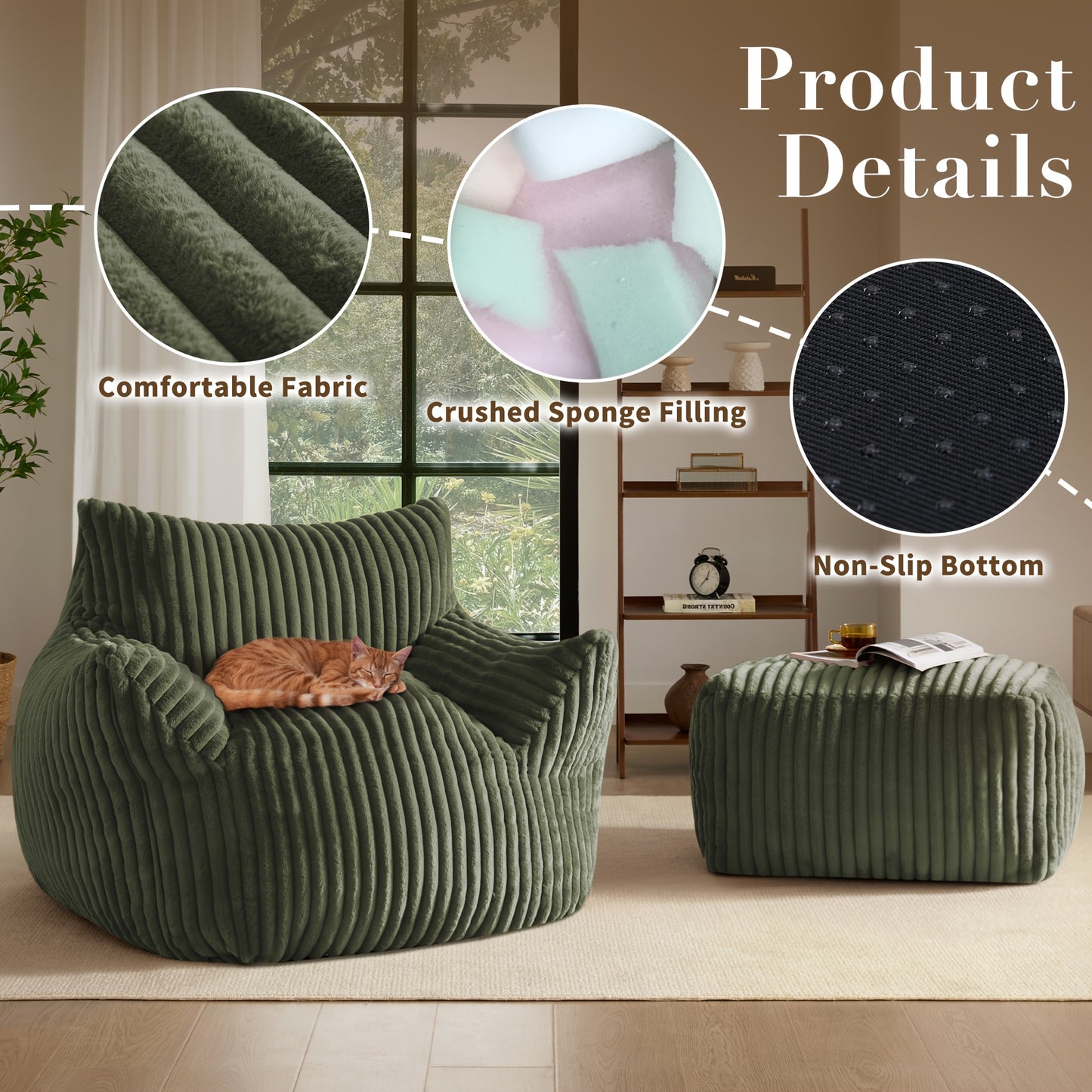 Living&Giving Oversize Bean Bag Chair, Modern Comfy Corduroy Fabric Fireside Chair Lazy Floor Sofa Armless Lounge Chair, Comfy Upholstered Bean Bag Chair Single Sofa For Outdoors Living Room Backyard