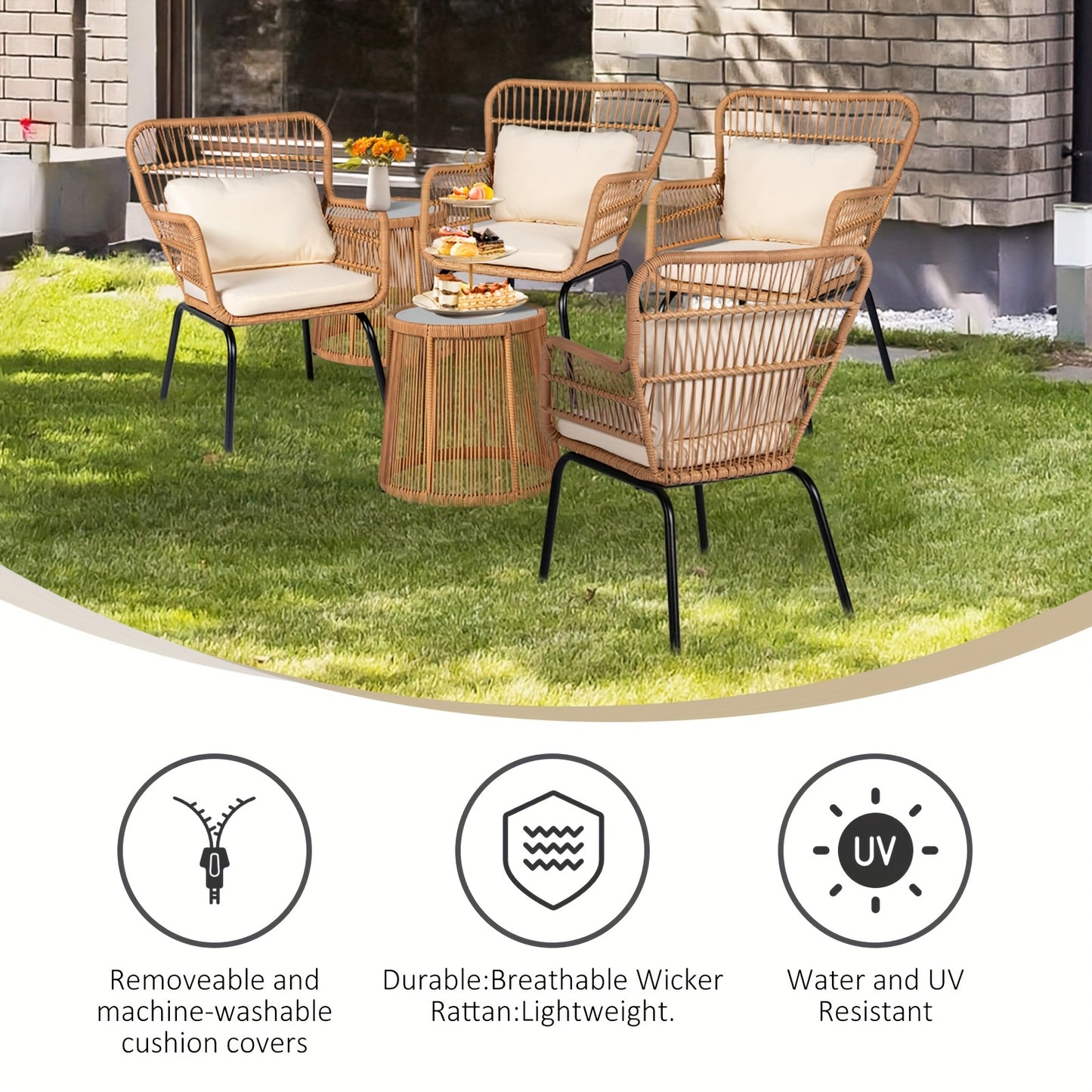 3pcs Outdoor Wicker Bistro Furniture Set, Comfortable Outside Rattan Patio Chairs And Balcony Table for Front Porch Deck Backyard And Garden