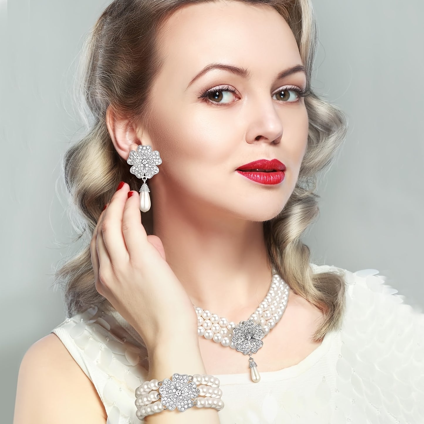 3 1920s Freshwater Pearls Jewelry Set, Including Vintage Flip Earrings Multi-layer Freshwater Pearls Necklace Bracelet, Gift Box, for Teenager