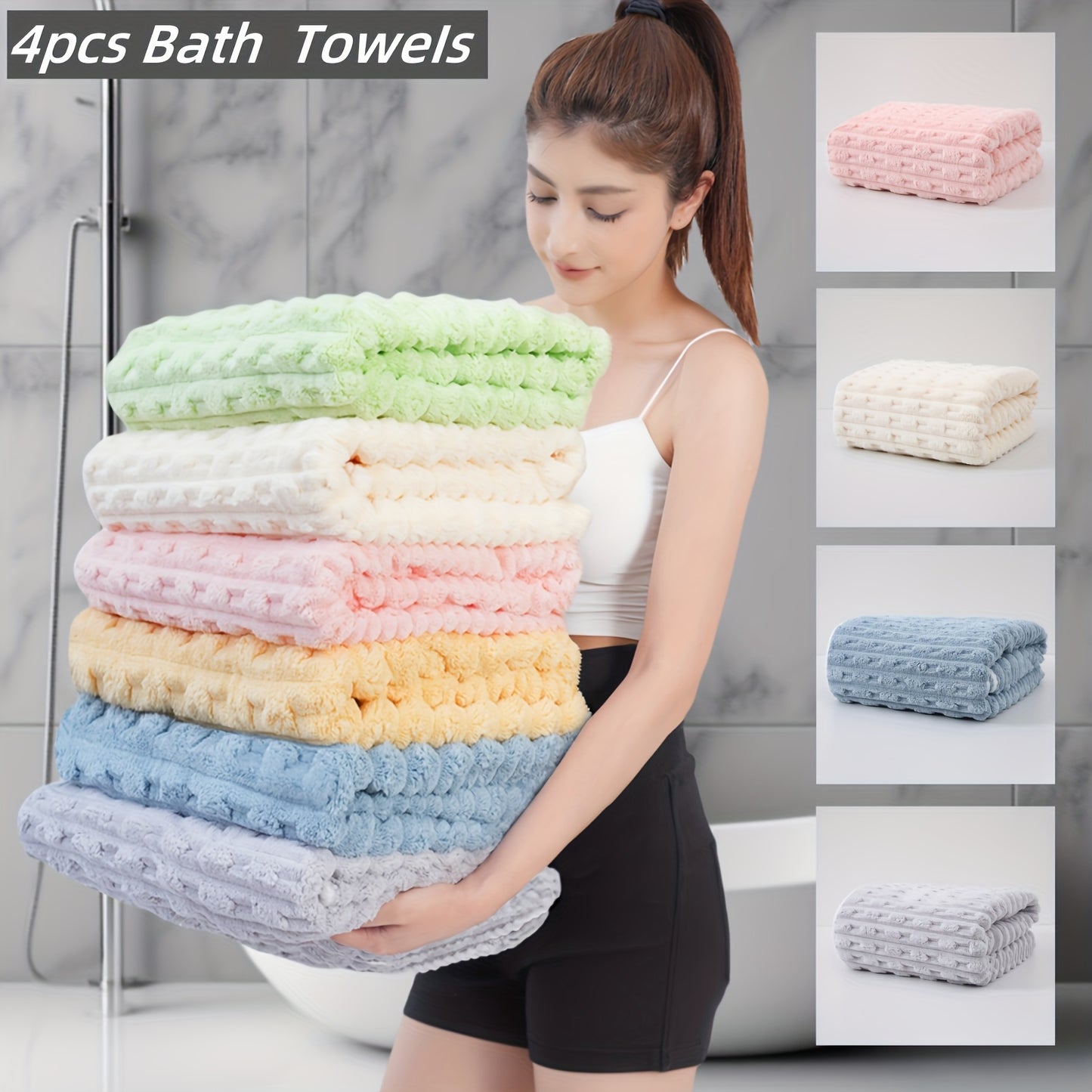 4pcs Waffle Weave Bath Towel Set, Super Absorbent Microfiber Towels, Quick-Dry Textured Towels, Soft Spa & Fitness Towels, Durable for Everyday Use, with Polyester 85%, Nylon 15% - Contemporary Geometric-Pattern Oblong Towel