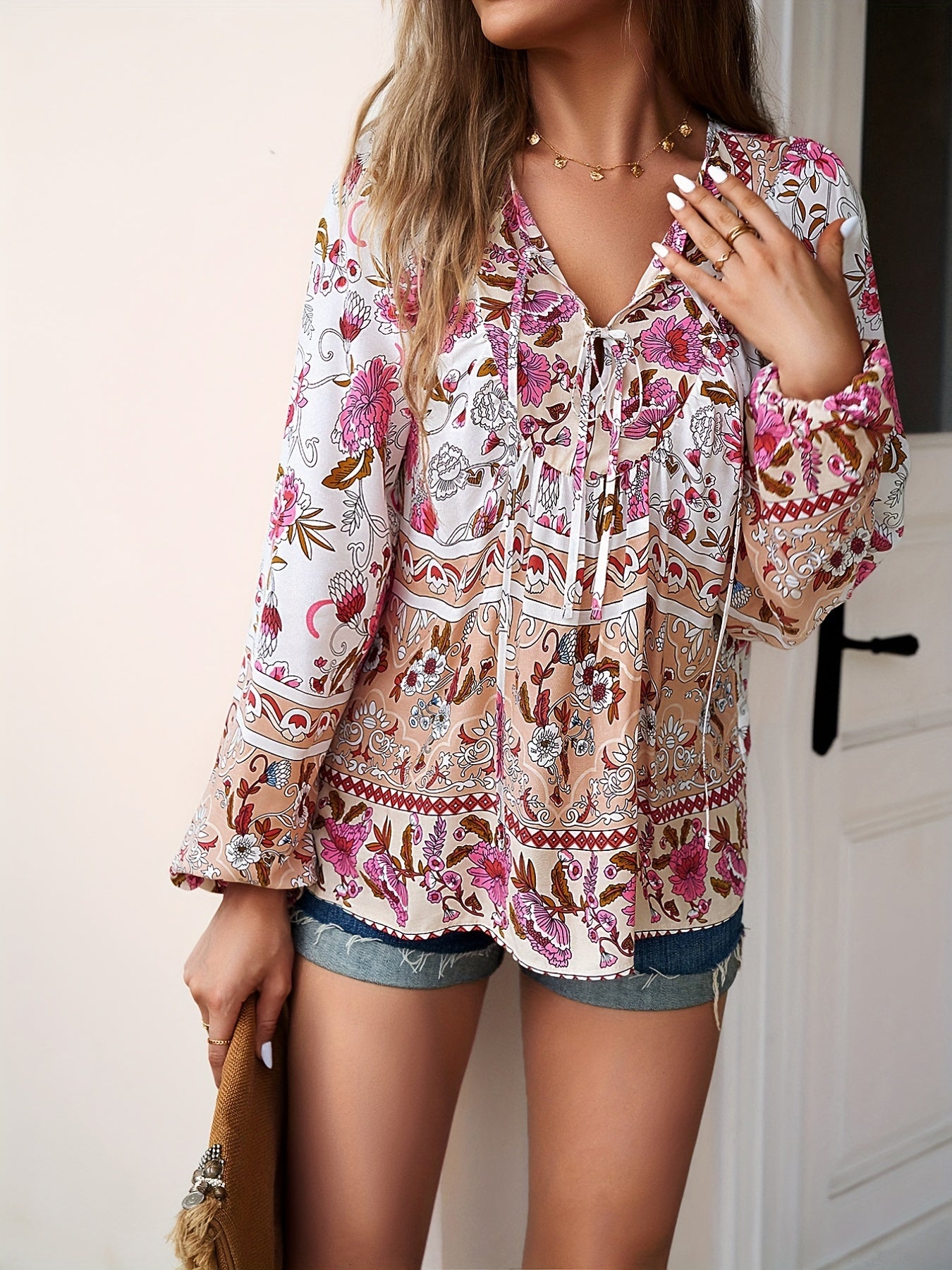 Boho Chic Floral V-Neck Blouse with Tie Detail - Long Sleeve, Casual Resort Wear for Women, Temperament, Fringed Shirt, Leisure Style, ALL/Global/All