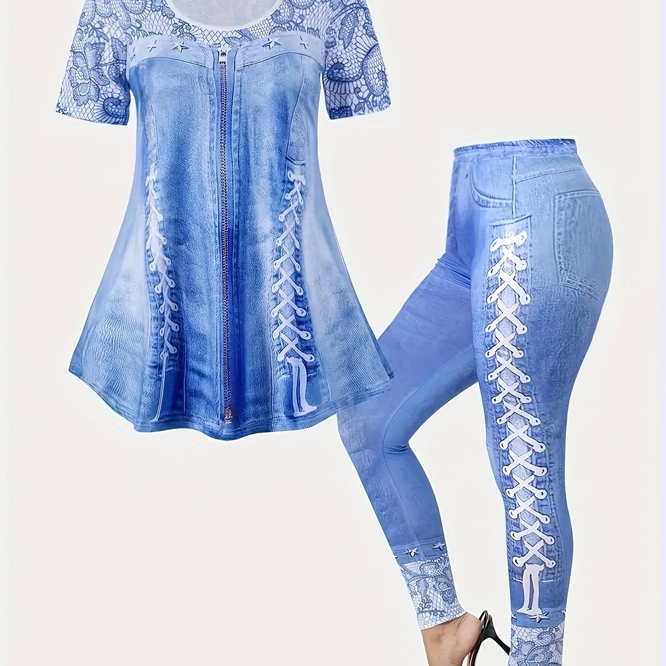 Plus Size 3D Printed Round Neck Casual Short Sleeve T-Shirt And Fitted Long Pants Set - [imitation denim