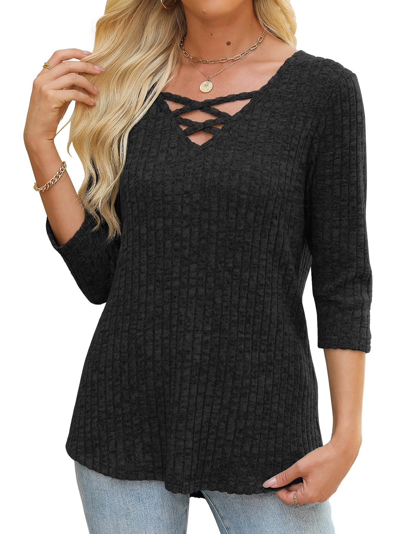 Women'S Casual 3/4 Sleeve V-Neck Top - Lightweight Loose Fit Pullover Shirt with Crisscross Front Detail, All-Season Comfort, Solid Color, Versatile for Casual Attire & Layering, Relaxed Outfit, Stylish Pullover, Quality Stit