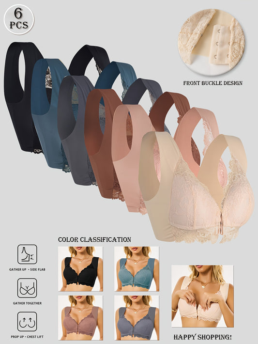 6-pack Front Clasp Push-up Bra Lace Stitching Beautiful Back Seamless Design Yoga/office All-day Comfort