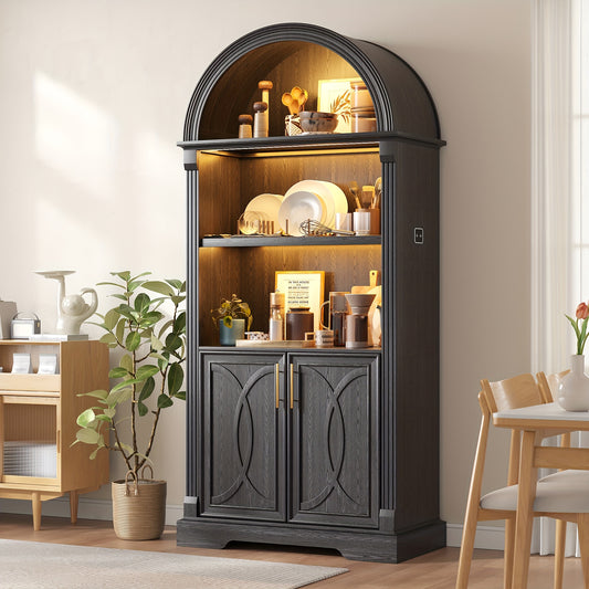 HWB 71" Tall Arched Kitchen Pantry Cabinet with LED Lights - Adjustable Shelves, Open Storage for China, Books & Kitchenware, Modern Wood Cabinet