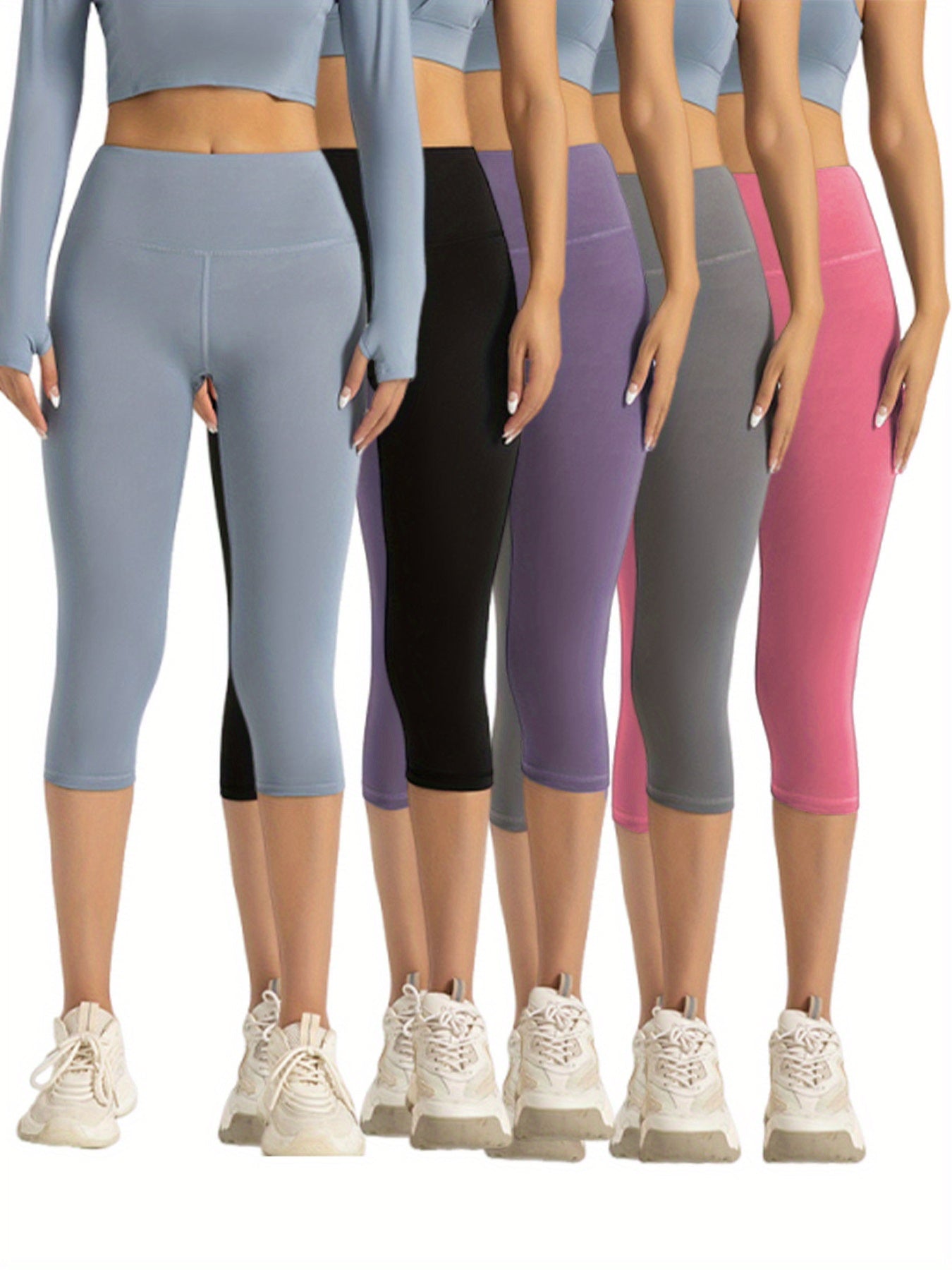 [Cloud-like Capri Pants] 5pcs Women's Capri Athletic Pants | Cloud-like Bare Light Beige Feel, 4-Way Stretch, Breathable, All-purpose for Yoga Running
